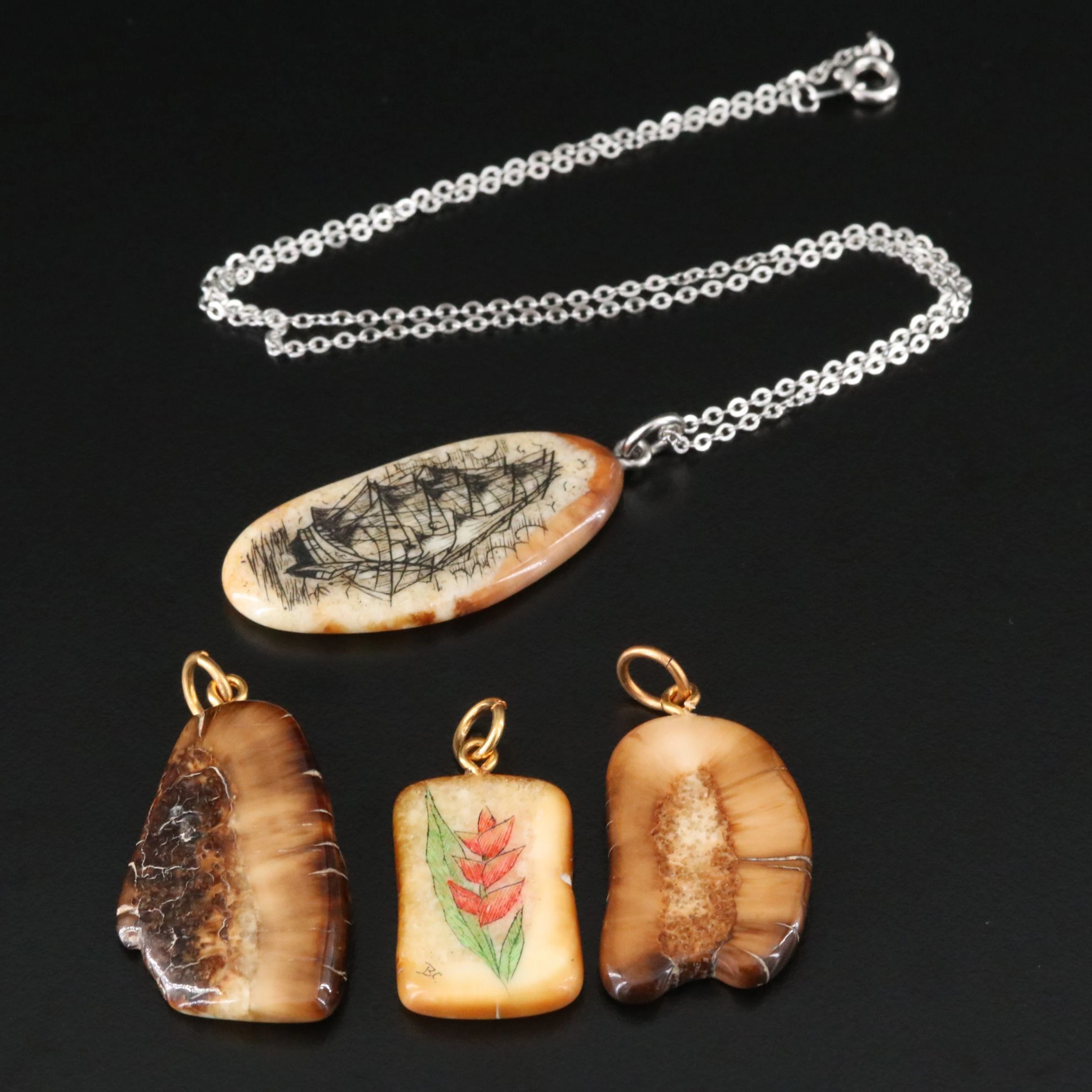 Fossilized Walrus Ivory Pendants and Necklace