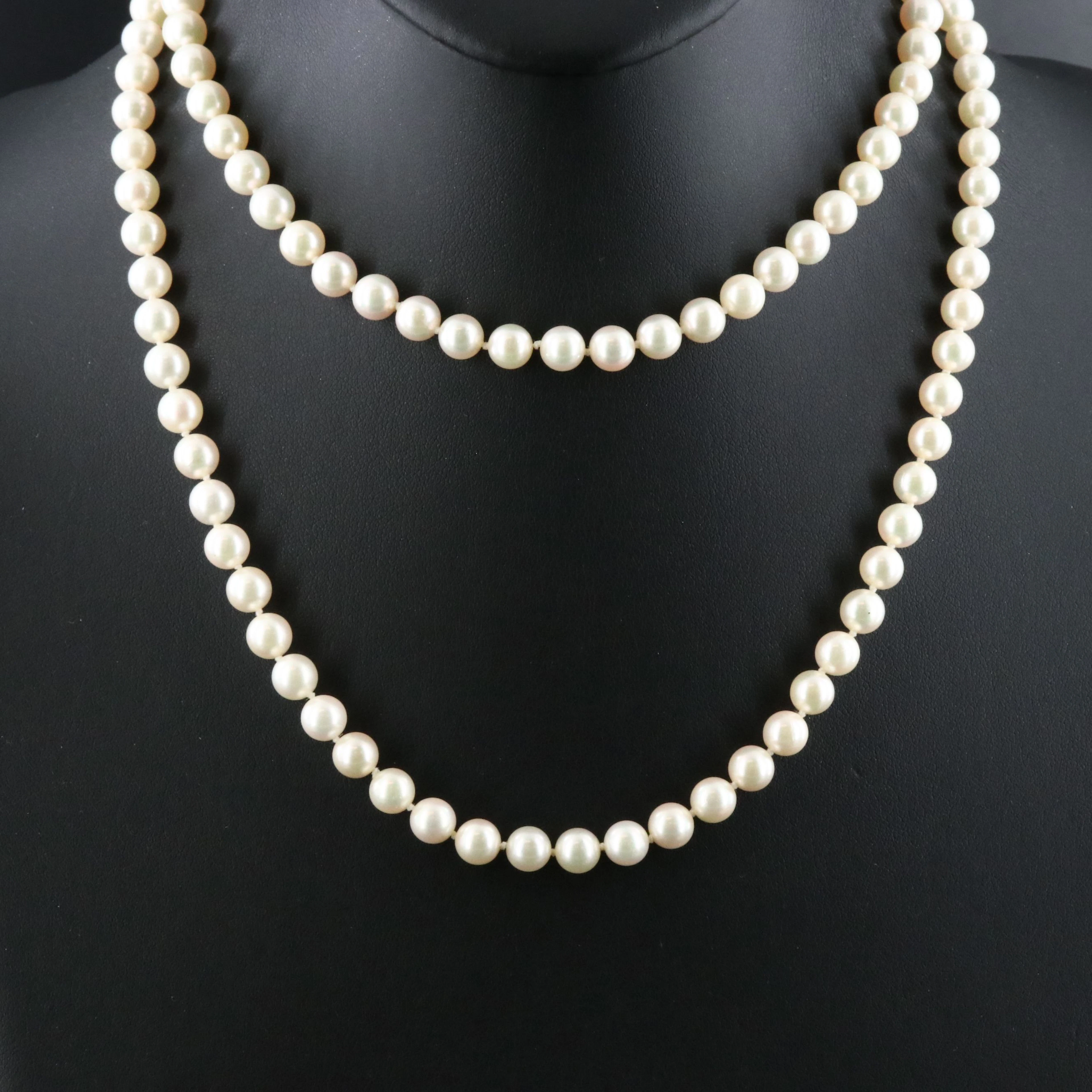 Pearl Opera Length Necklace with a Vintage 14K Jadeite and Diamond Clasp
