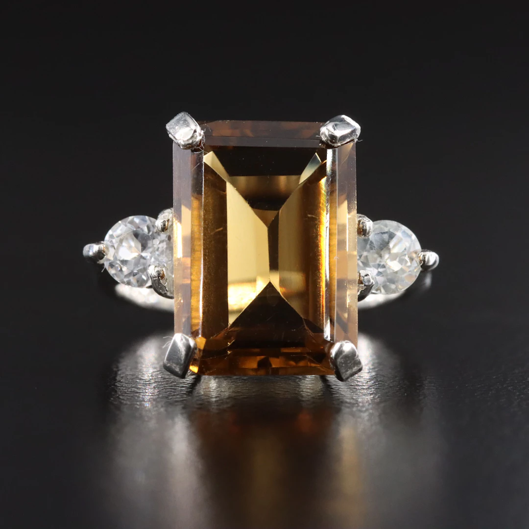 Sterling Smoky Quartz Ring with White Topaz Accents