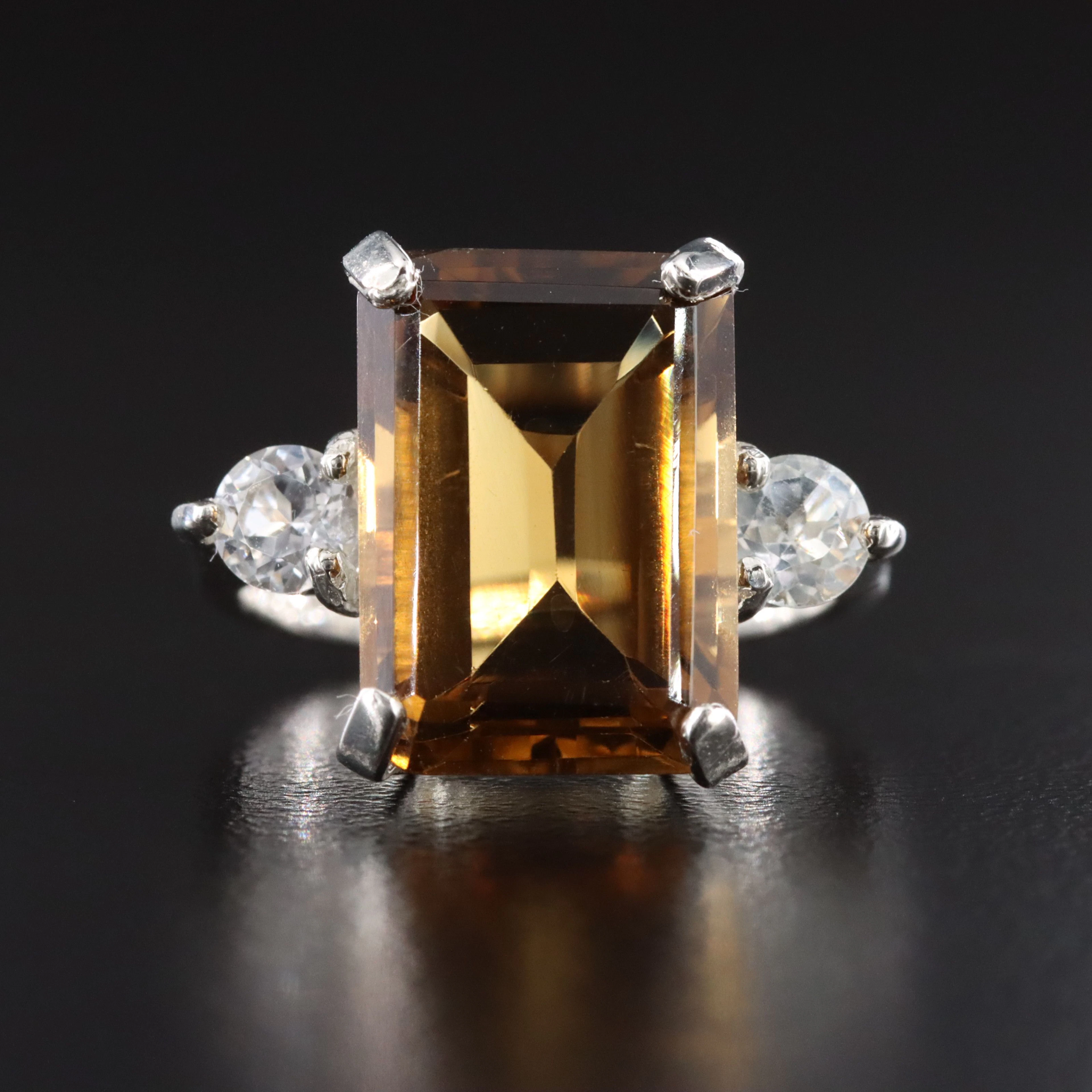 Sterling Smoky Quartz Ring with White Topaz Accents