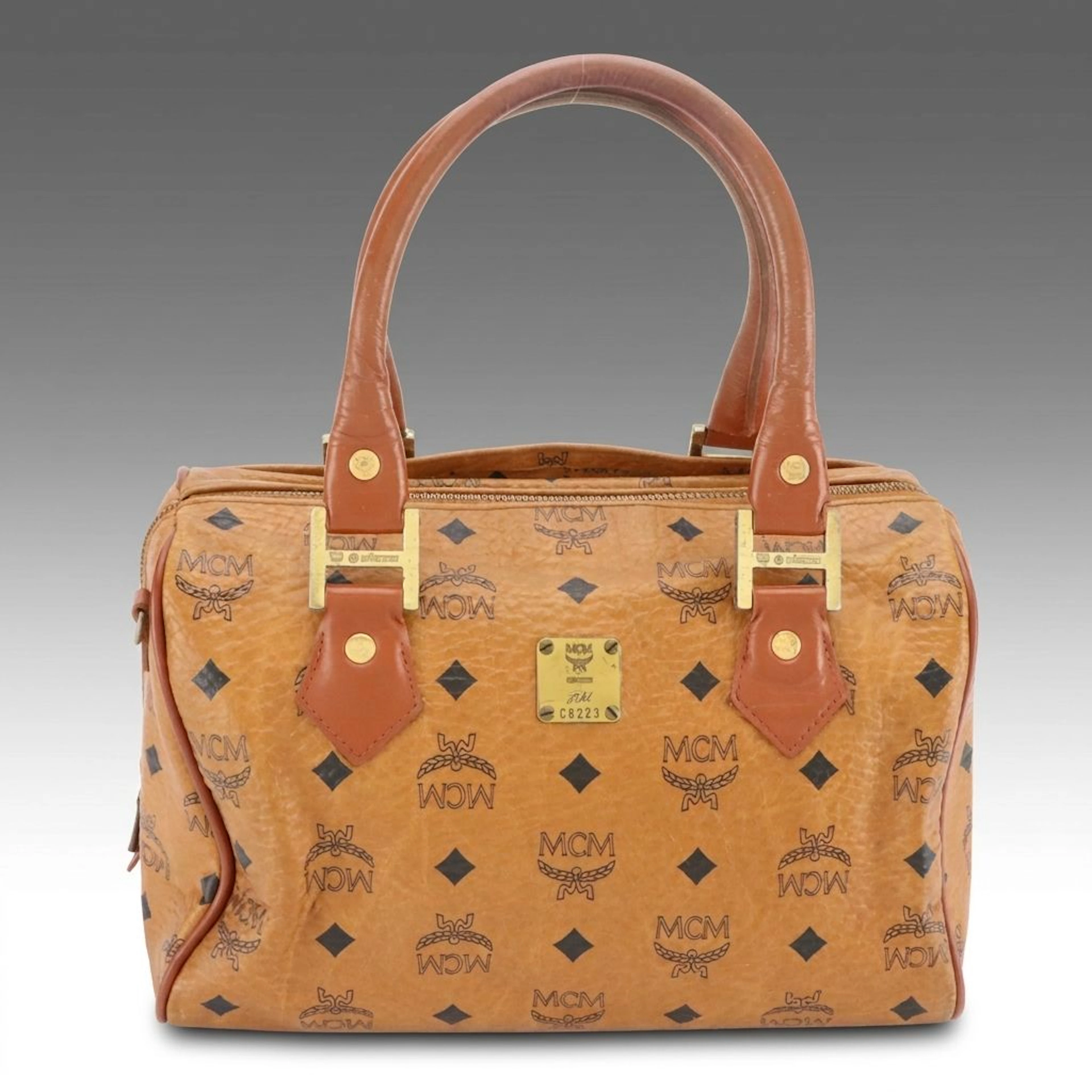MCM Satchel in Cognac Visetos Canvas with Leather Trim