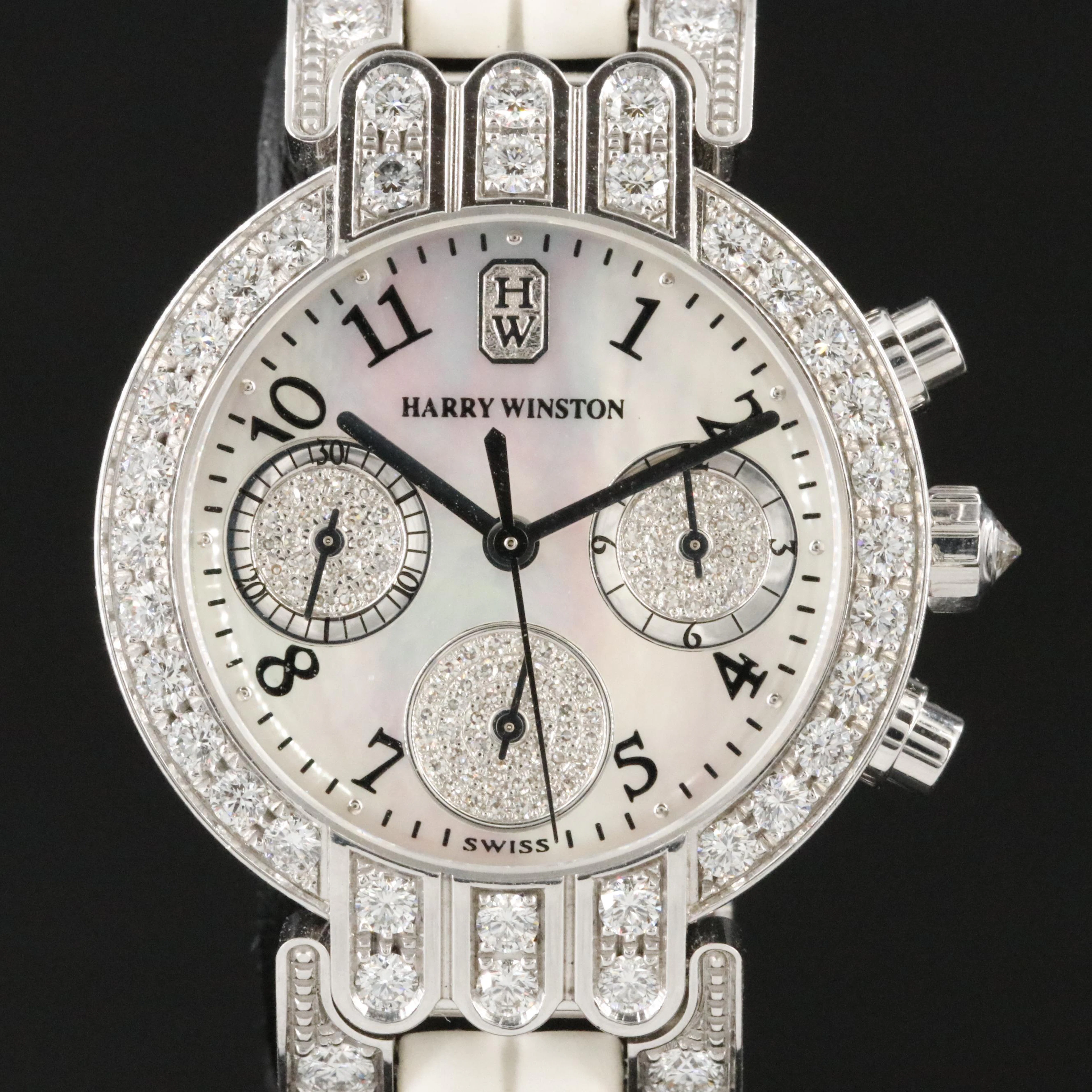 18K Harry Winston Premier Excenter 2.26CTW Factory Diamond Chronograph Watch