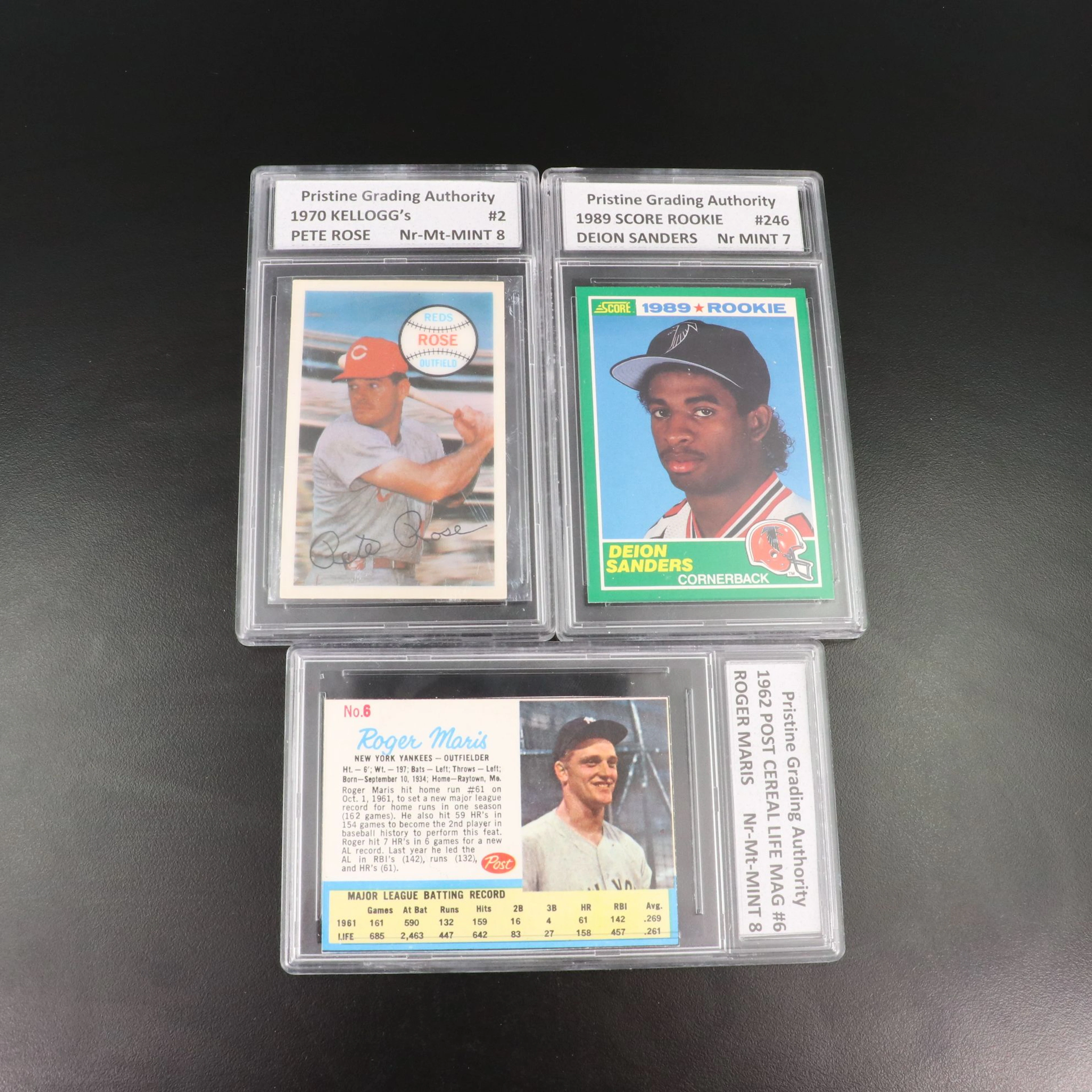 Slabbed Sports Cards with Deion Sanders Rookie, Pete Rose, and Roger Maris
