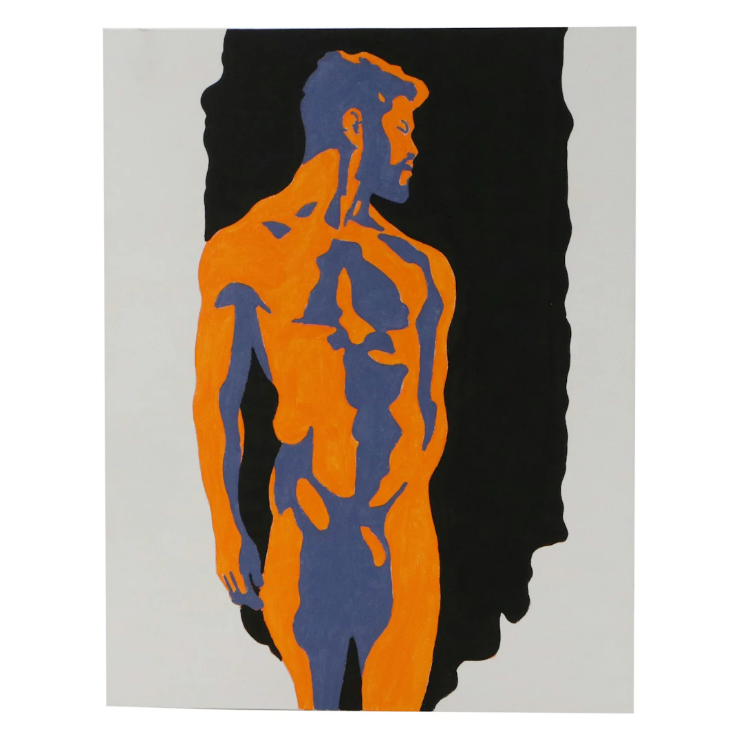 deSanto Abstract Acrylic Painting of Standing Male Nude in Orange