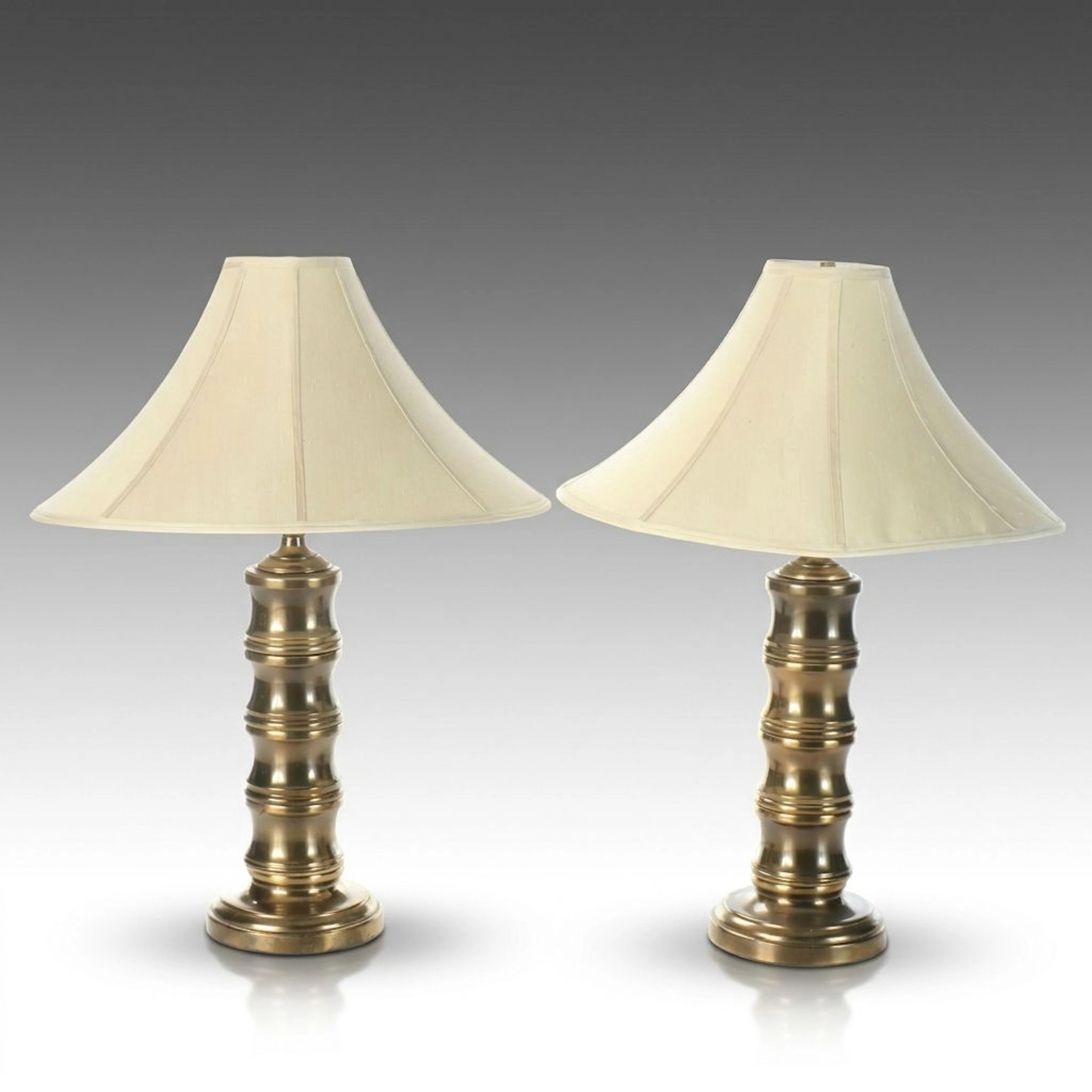 Pair of Brass Faux Bamboo Table Lamps with Conical Shades, Vintage