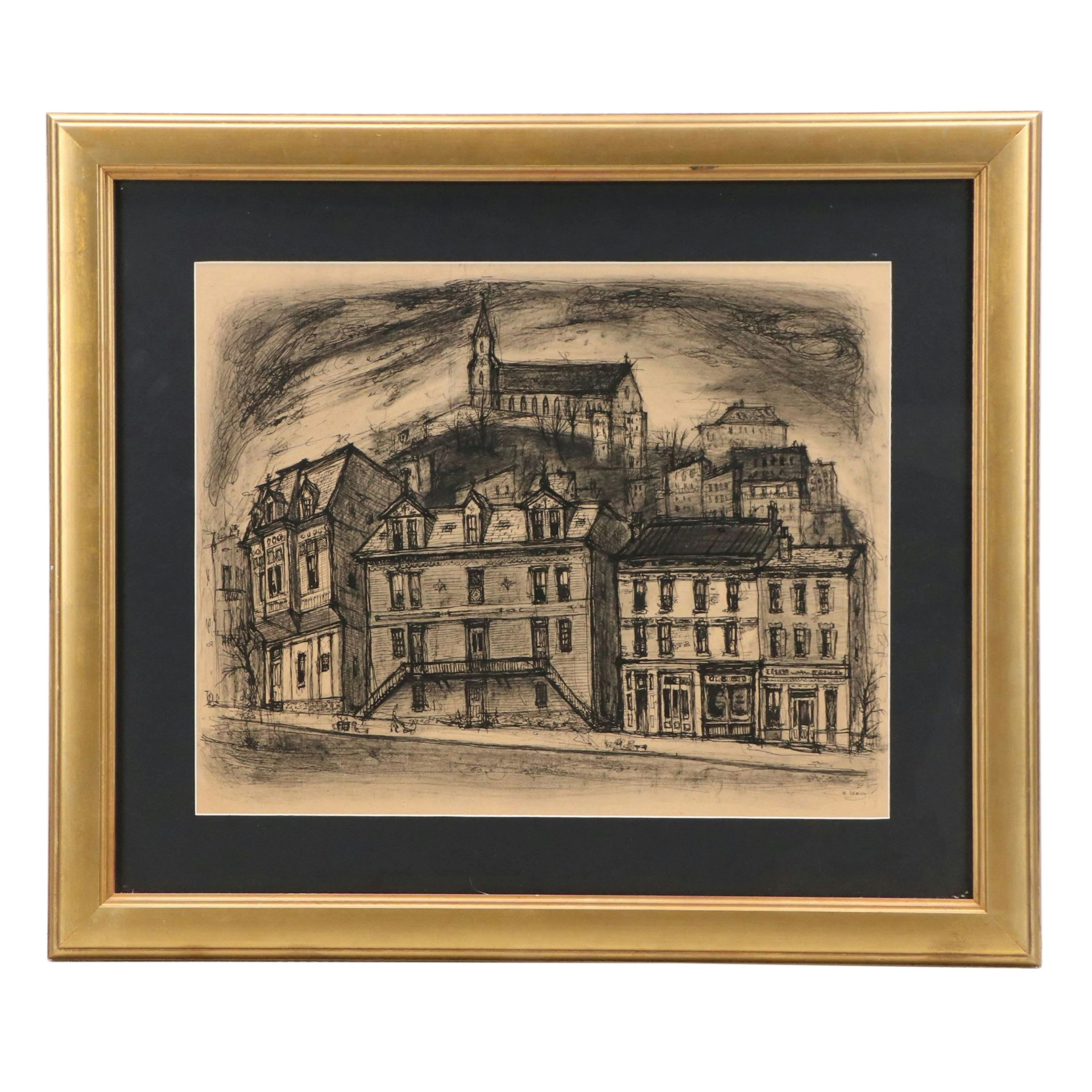 Marianna Edna Volz Mixed Media Drawing of Cityscape, 20th Century