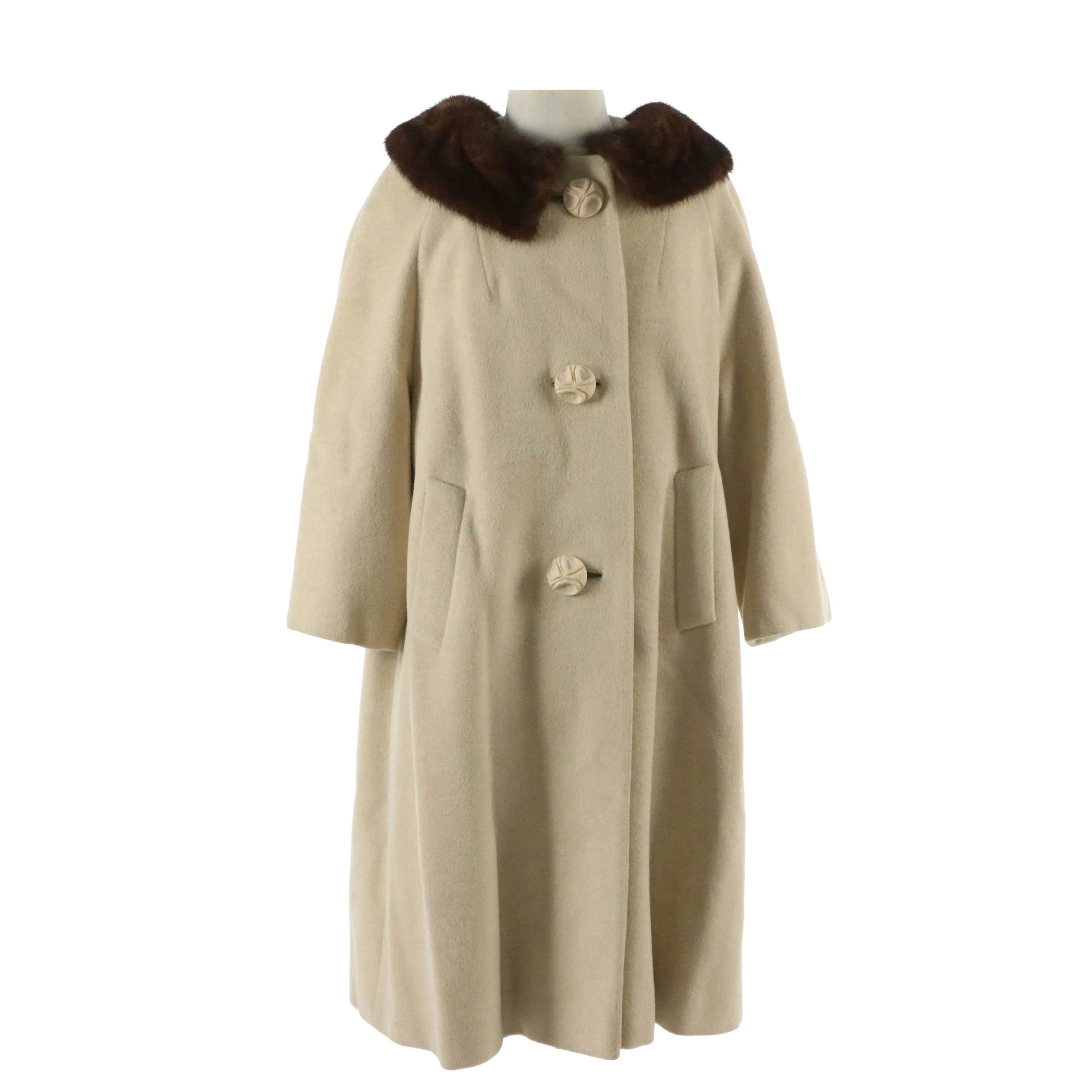 Wool Blend Mink Fur Collar Swing Coat with Sculpted Buttons by Furlaine