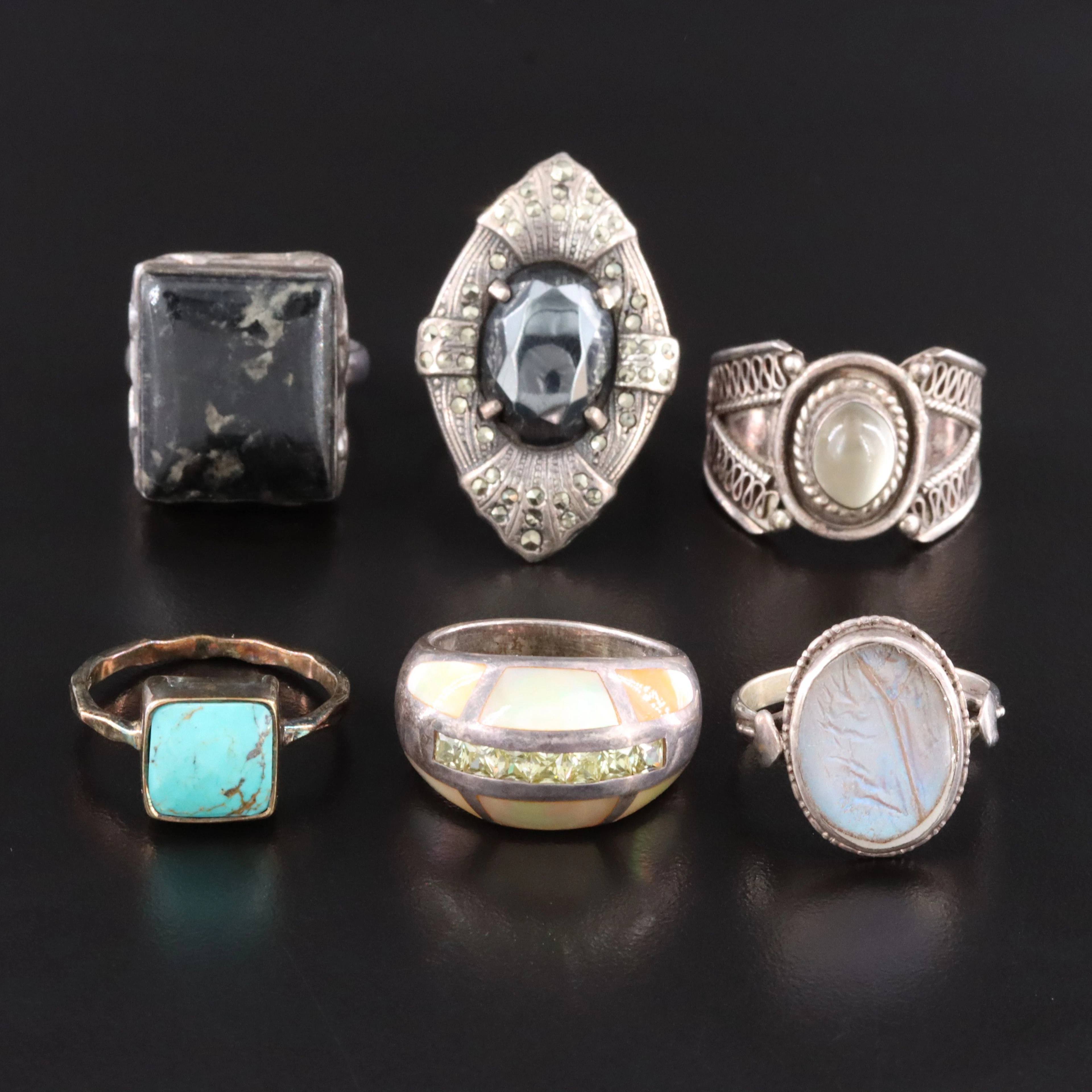 Sterling Ring Selection Featuring Hematite, Turquoise and Mother-of-Pearl