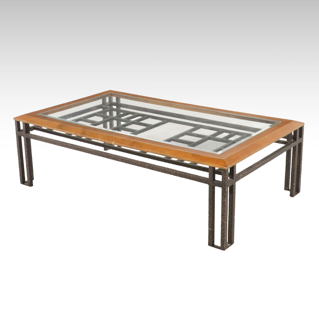 Mission Style Metal Coffee Table with Wood and Glass Top