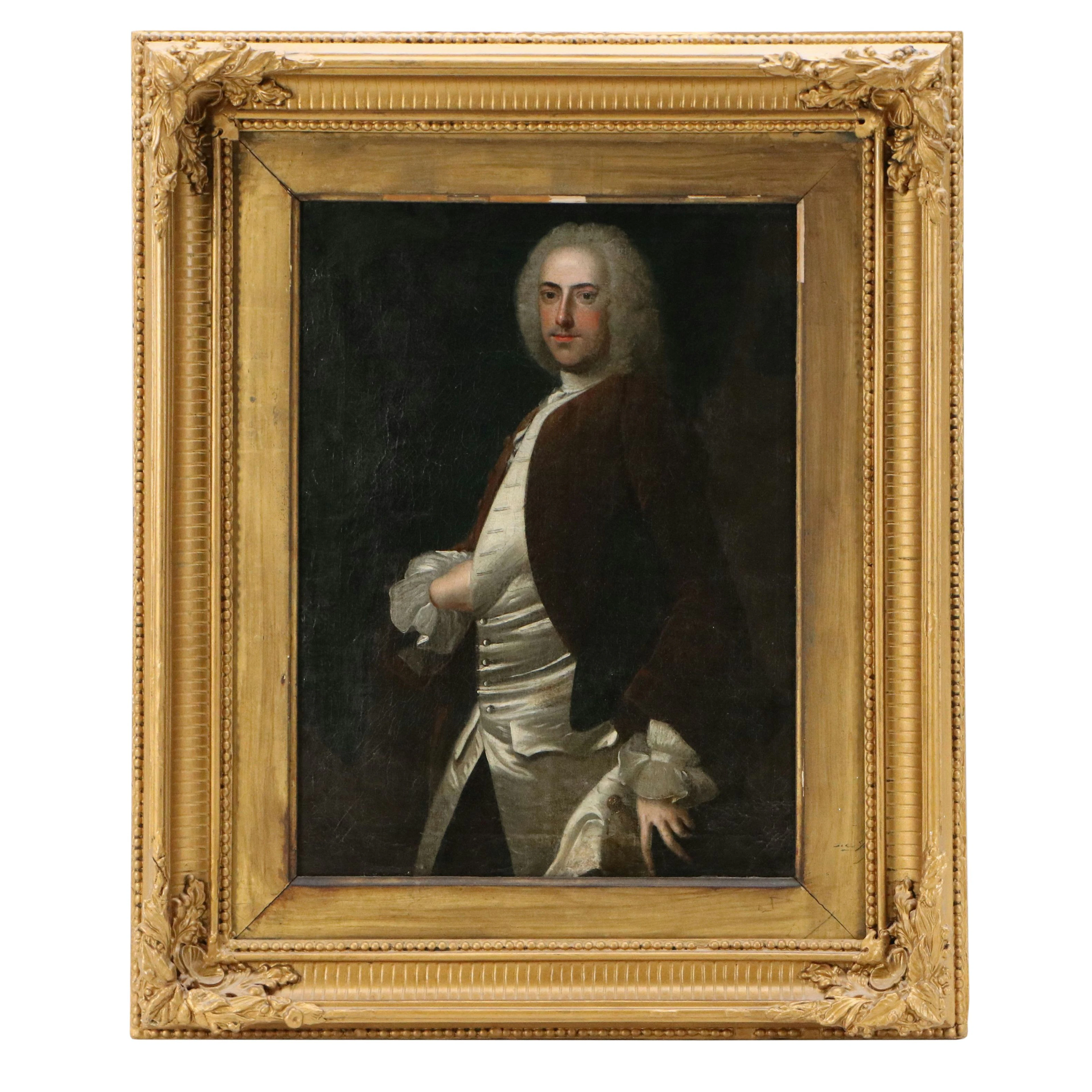 Oil Portrait Painting of Lord Chesterfield in Hand-in-Waistcoat Pose, 18th C.