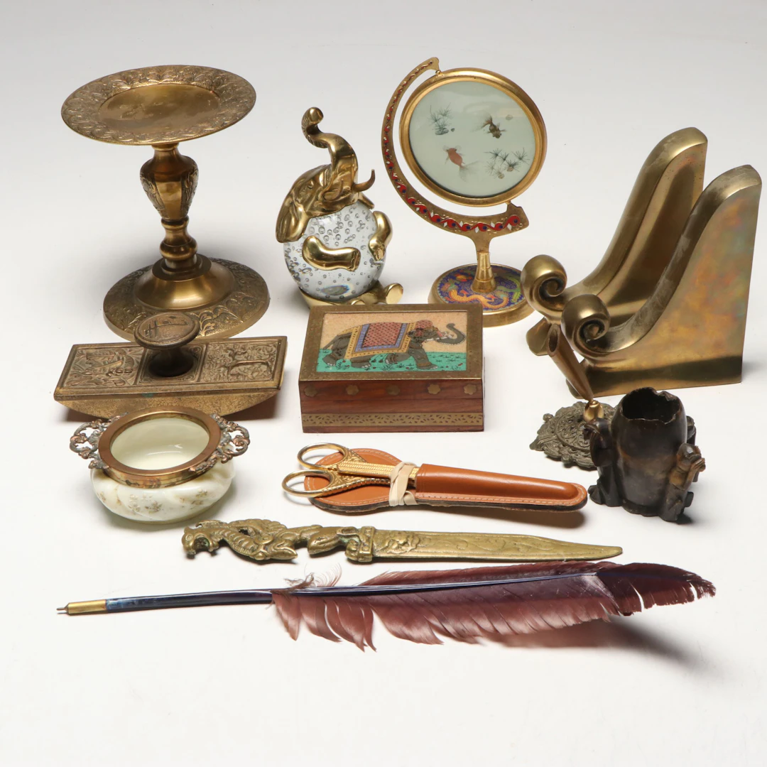 Scrolled Brass Bookends, Chinese Table Screen, Elephant Figure and More