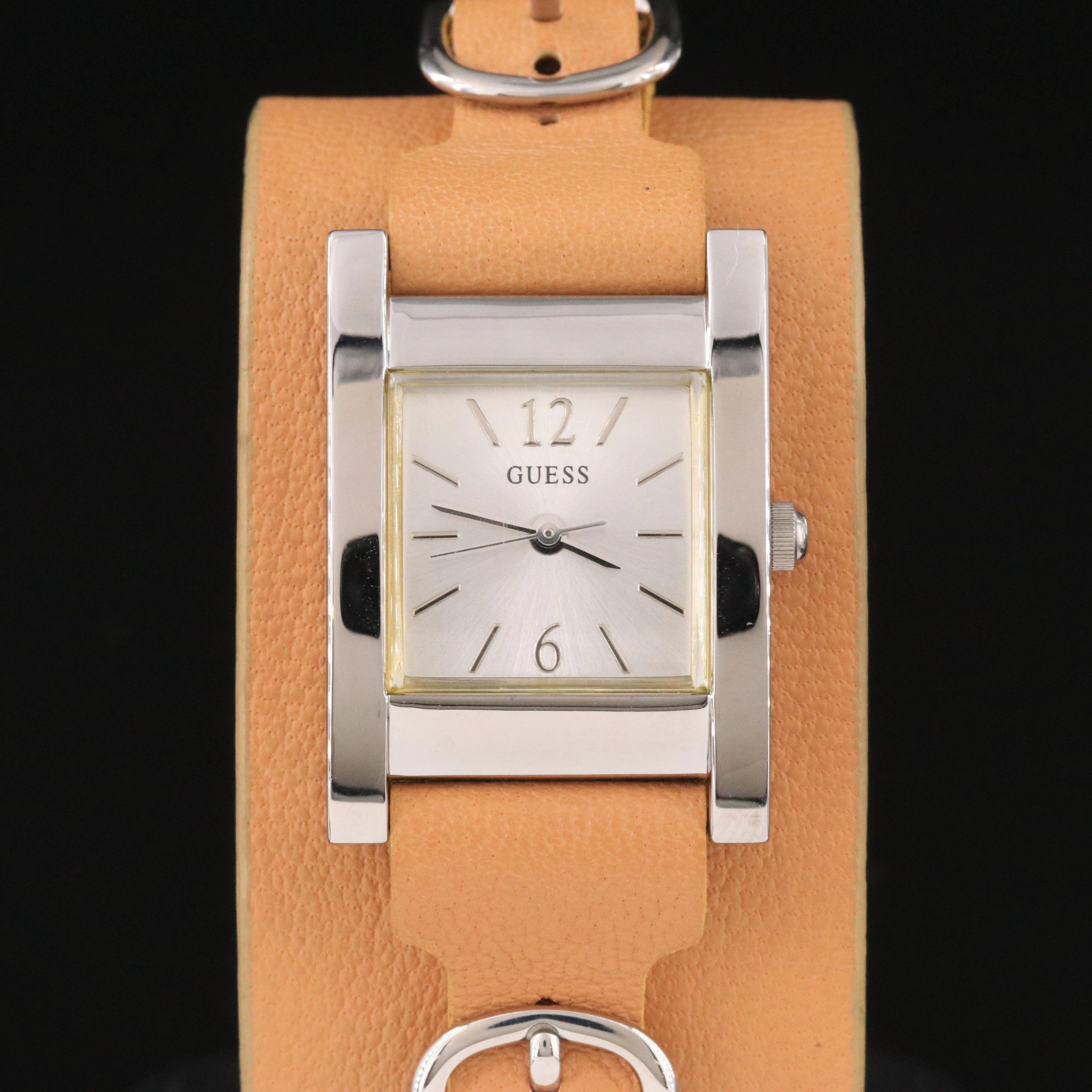 Guess Retro Stainless Steel Wide Leather Band Quartz Watch