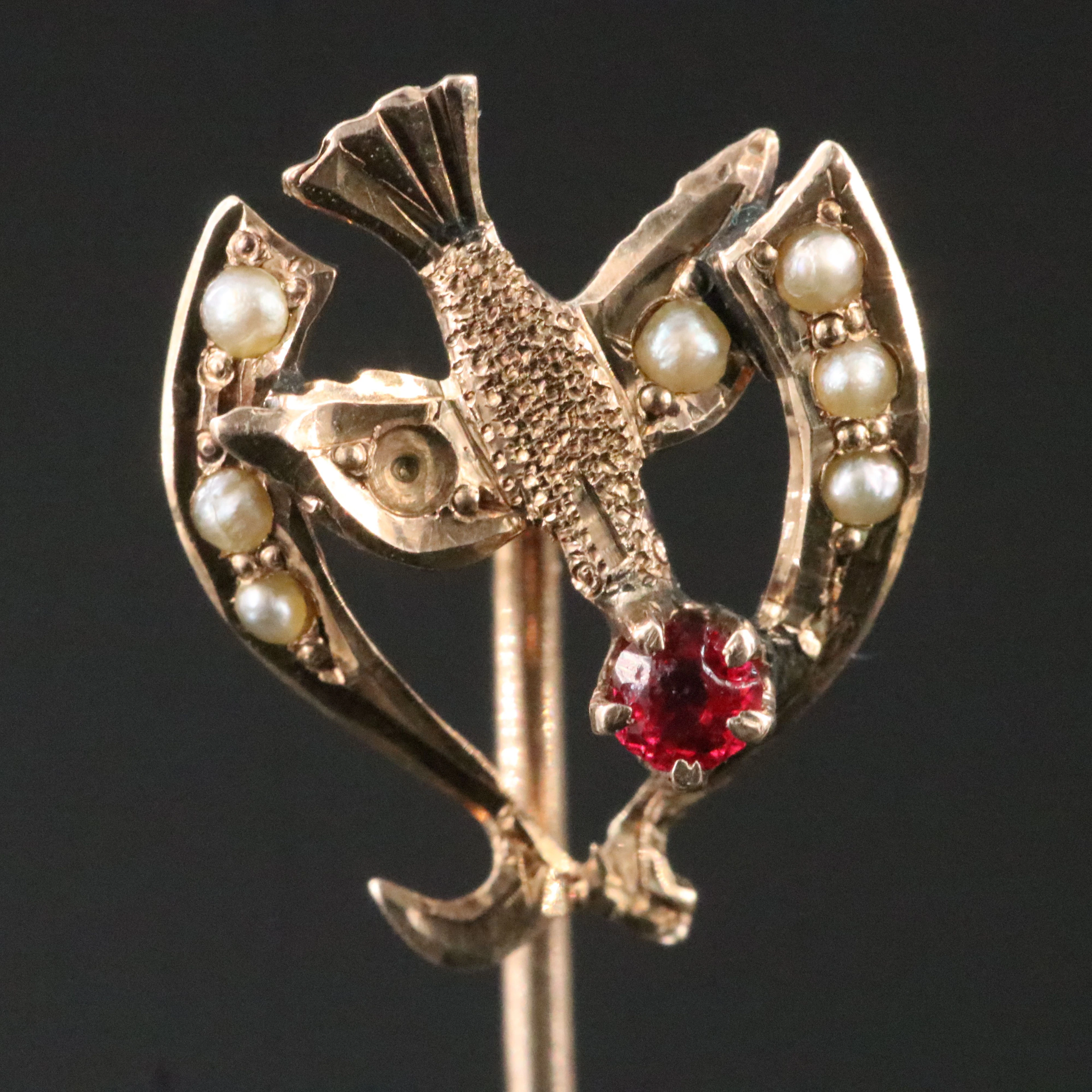 Art Nouveau 10K Glass and Seed Pearl Swallow Stickpin