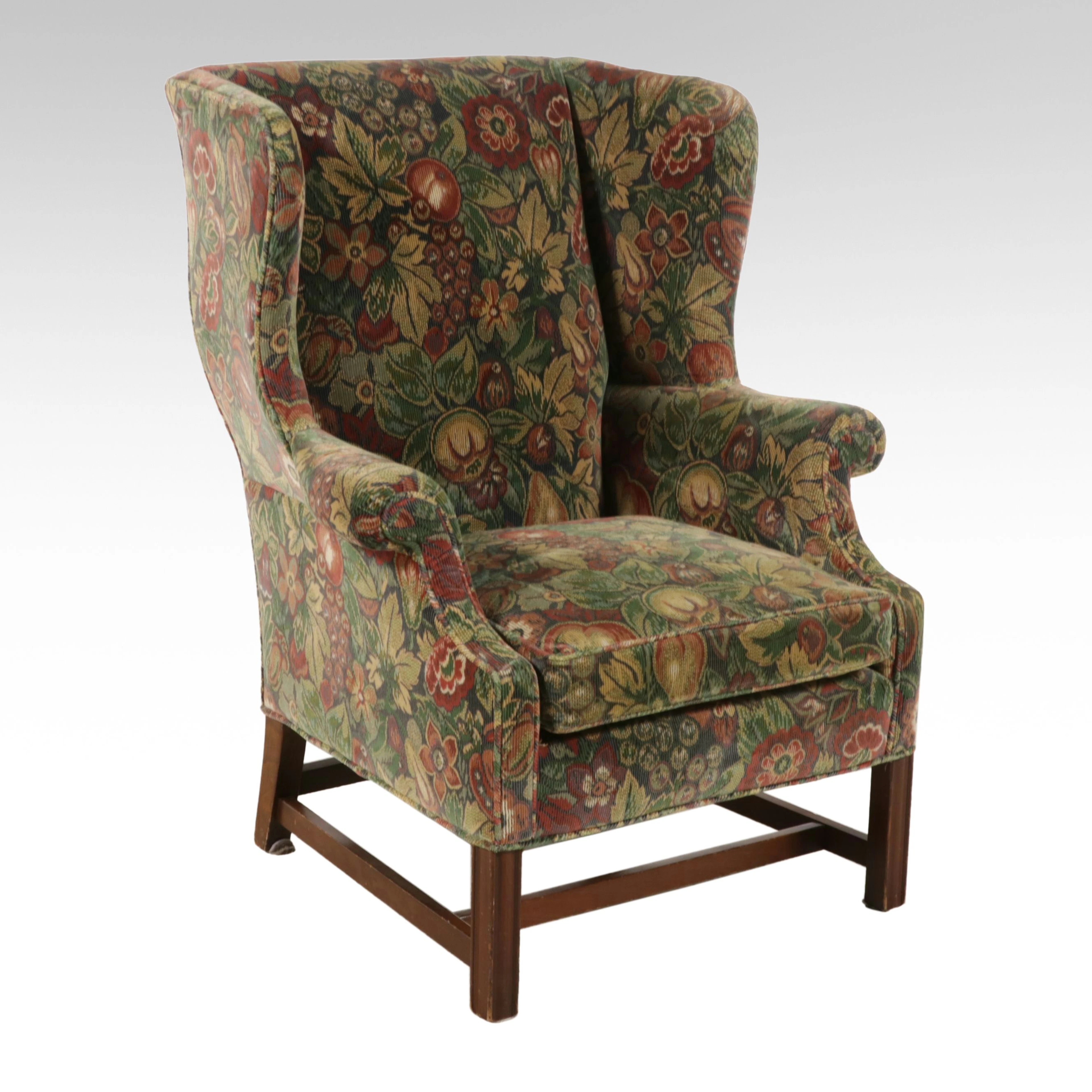 Chippendale Style Corduroy Upholstered Wingback Armchair, Late 20th Century