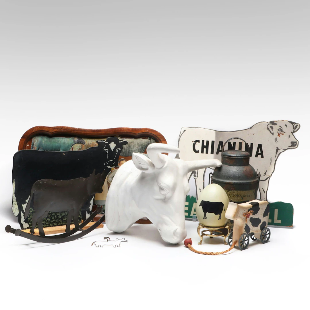 Chianina "Weather Hill" Sign with Rustic Cow Milk Jug, Figurines and More