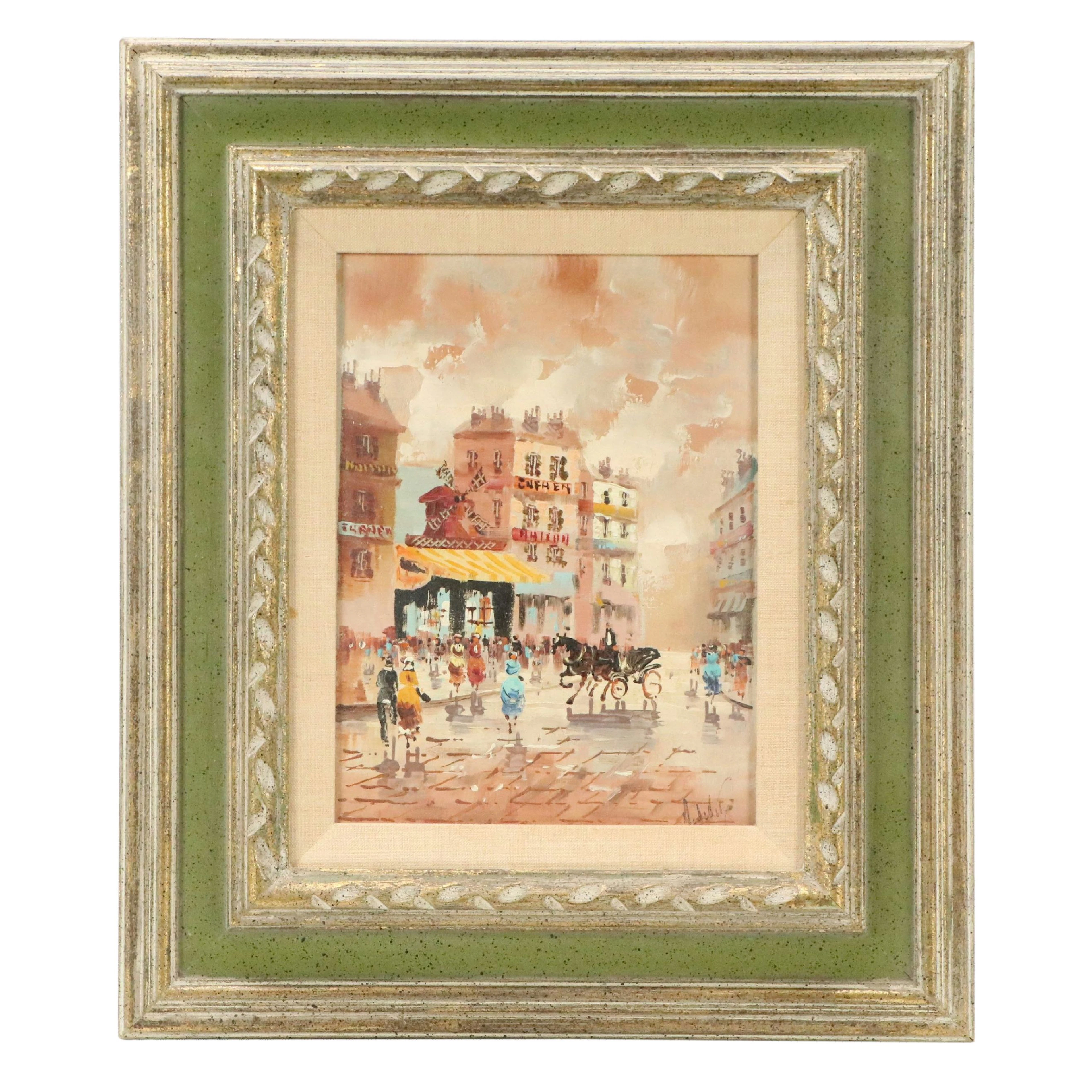 Oil Painting of Parisian Moulin Rouge Street Scene, Mid-20th Century