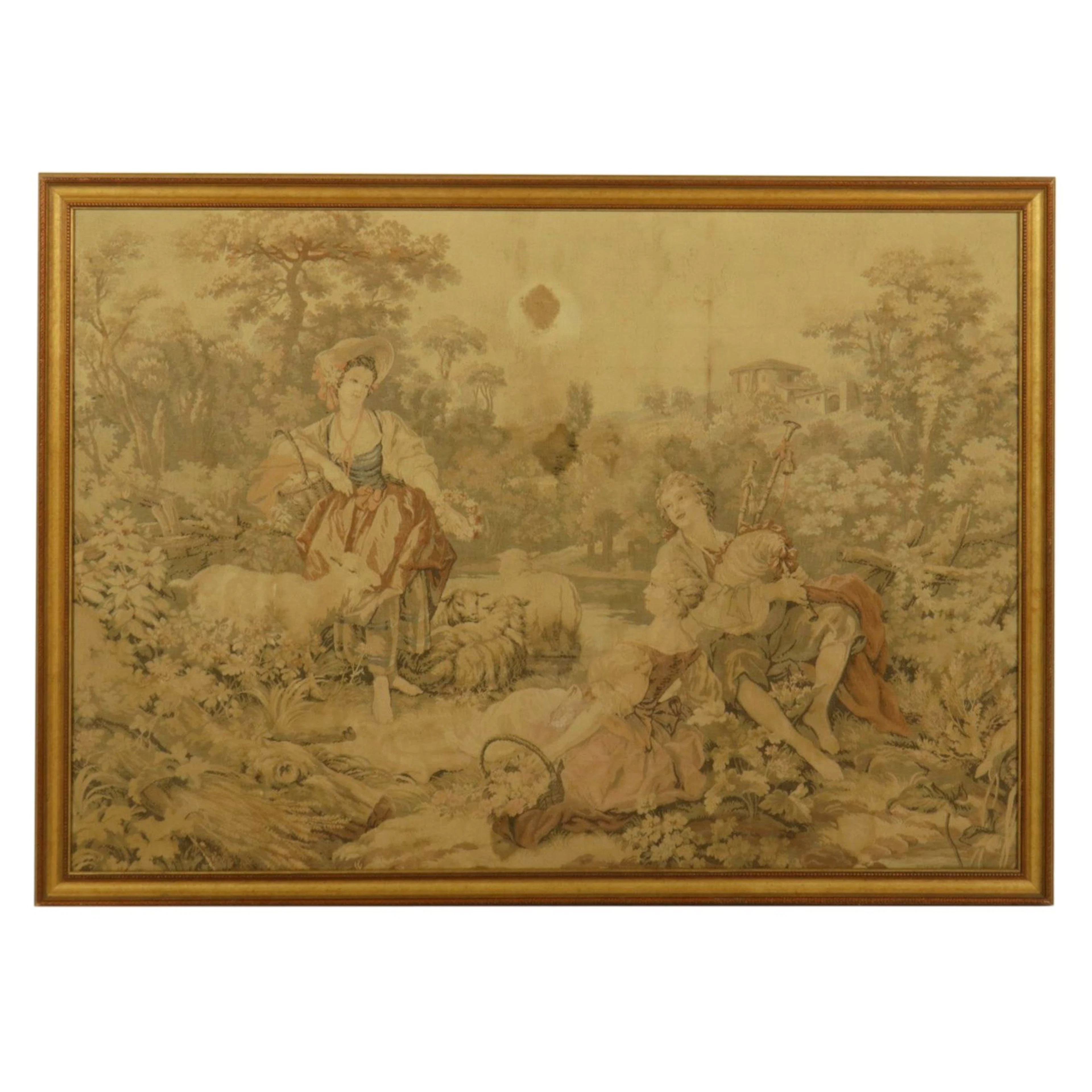 French Jacquard Woven Tapestry of Pastoral Garden Scene