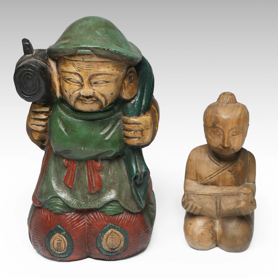 Carved Wood Japanese Daikokuten and Thai Kneeling Scholar Figurines