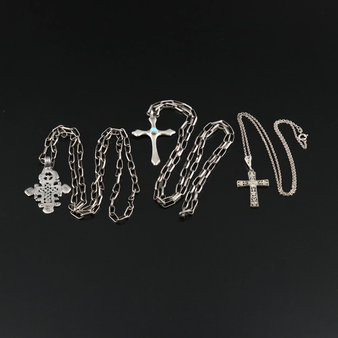 Ethiopian, Filigree, Southwest Cross Necklaces Featuring Sterling and Turquoise