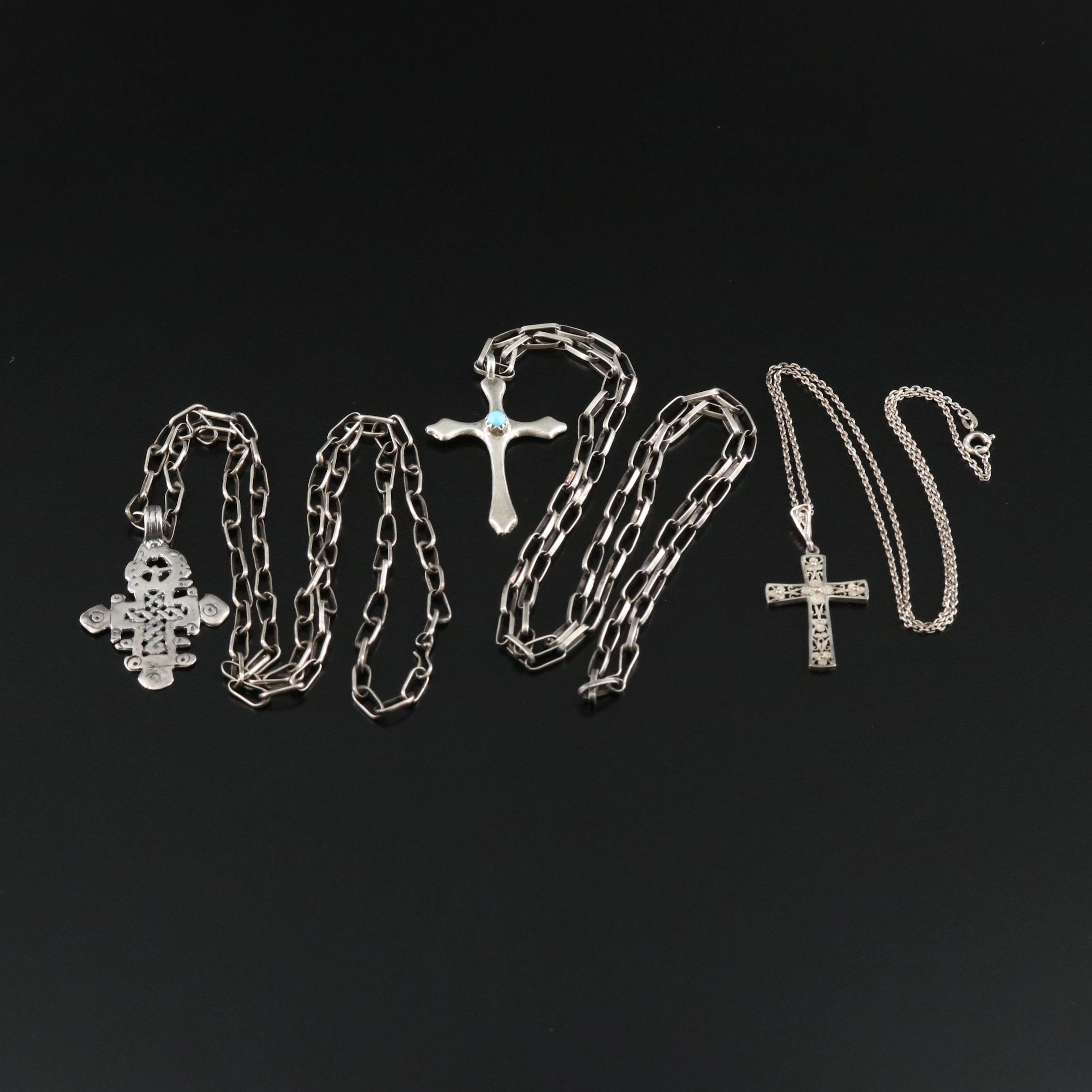 Ethiopian, Filigree, Southwest Cross Necklaces Featuring Sterling and Turquoise
