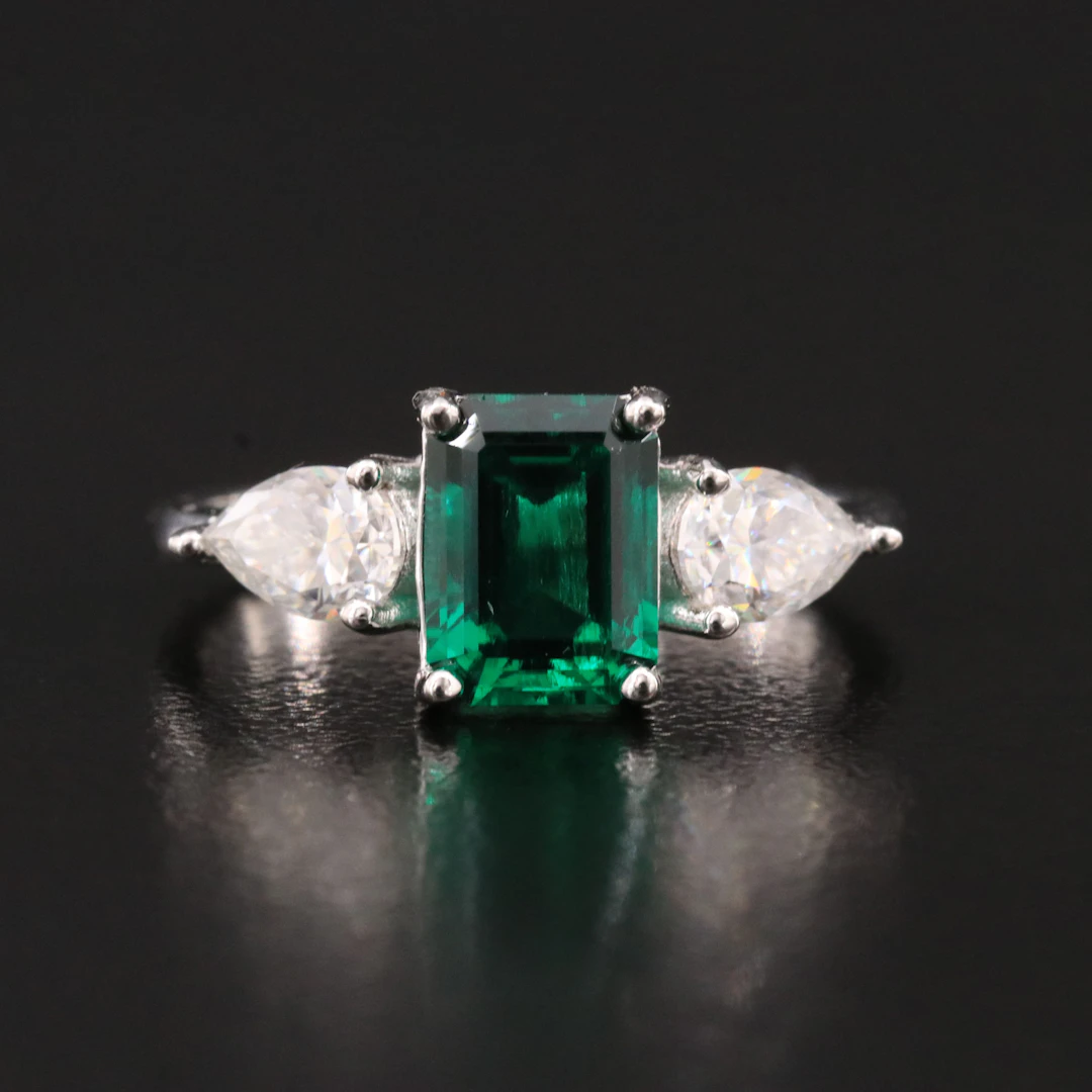 Sterling Emerald and Moissanite Ring