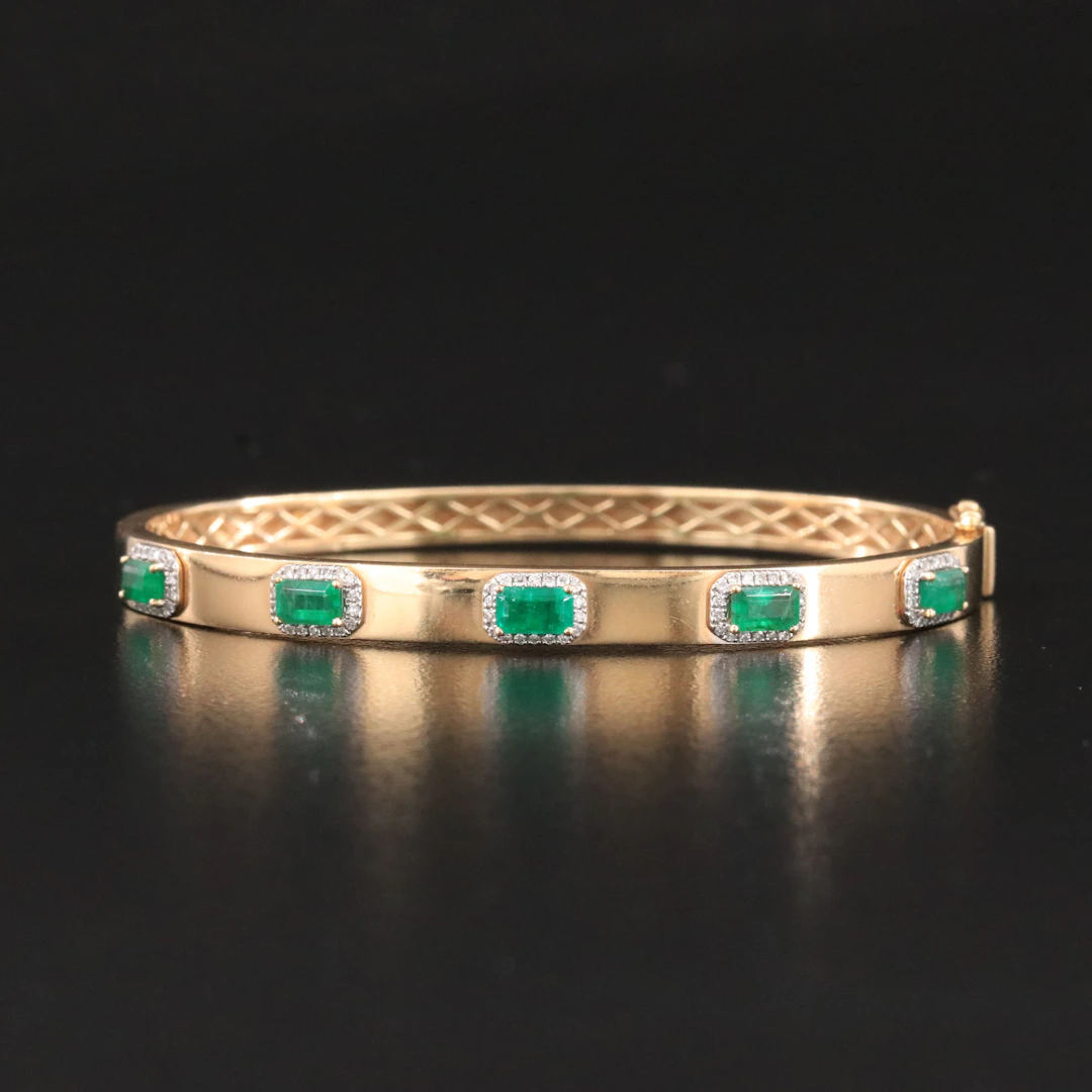 14K Emerald and Diamond Hinged Bangle Bracelet