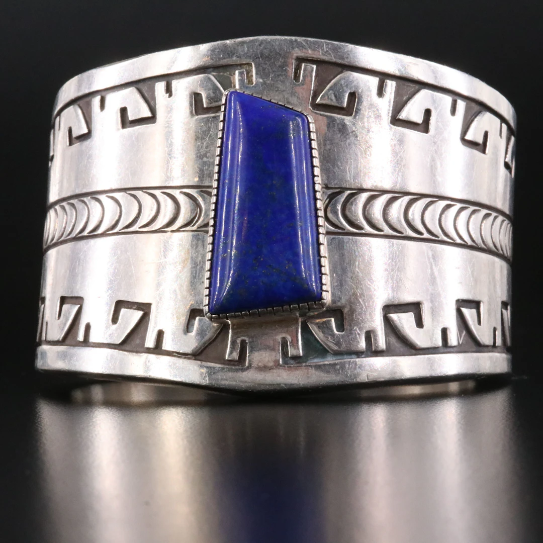 Signed Lapis Lazuli Southwestern Sterling Overlay Cuff Bracelet