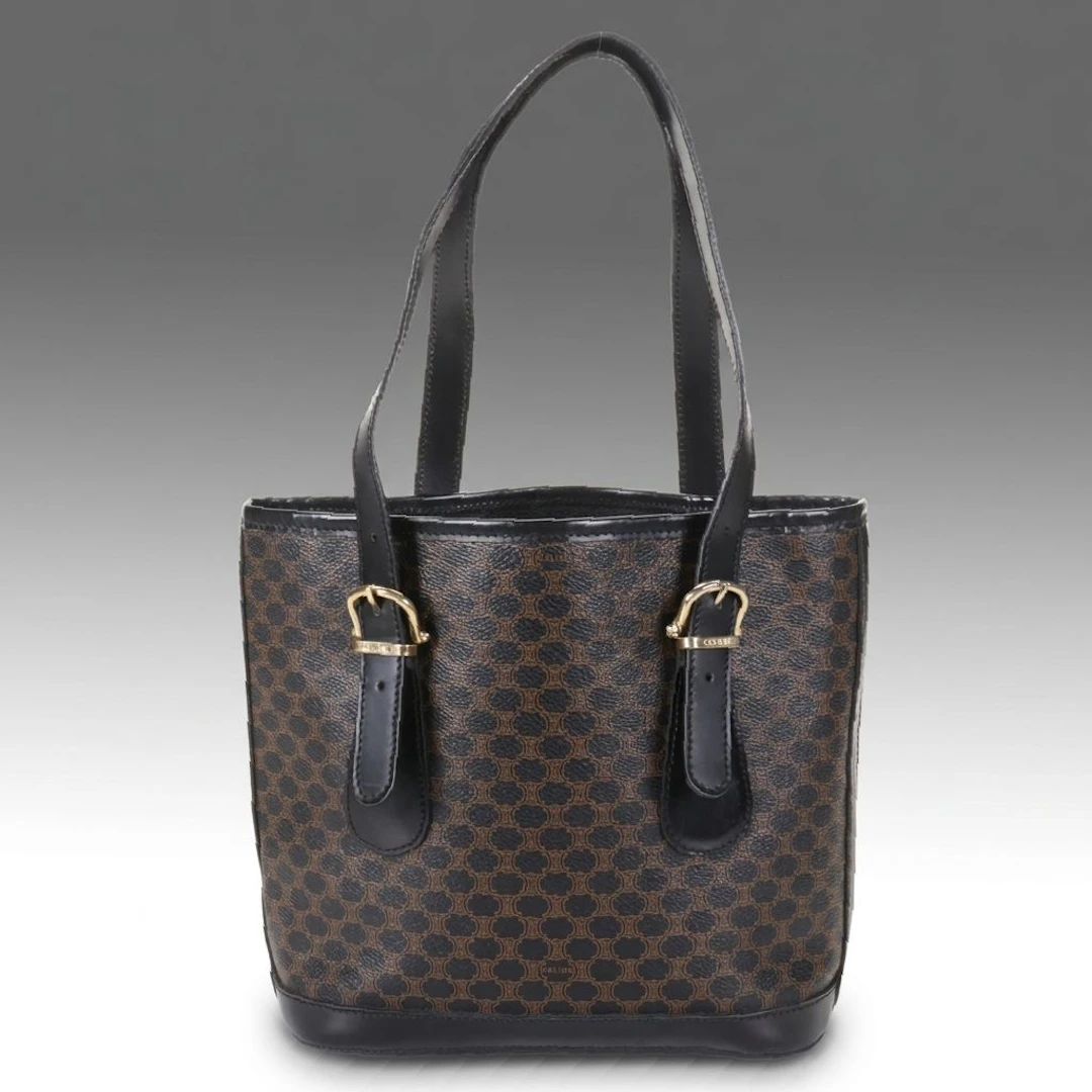 Celine Bucket Tote Bag in Black Macadam Coated Canvas and Leather Trim