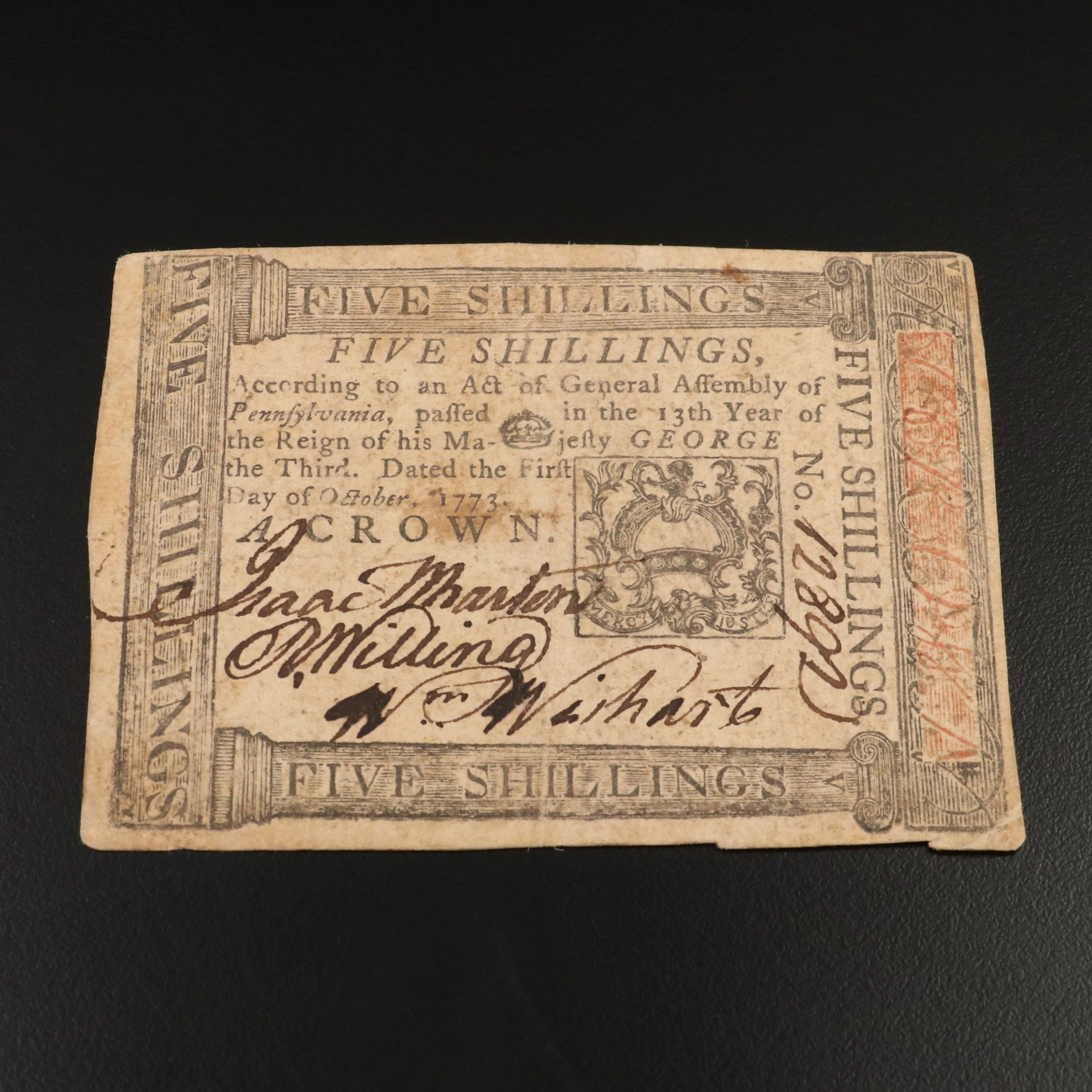 October 1, 1773 Pennsylvania Five Shillings Colonial Currency Note