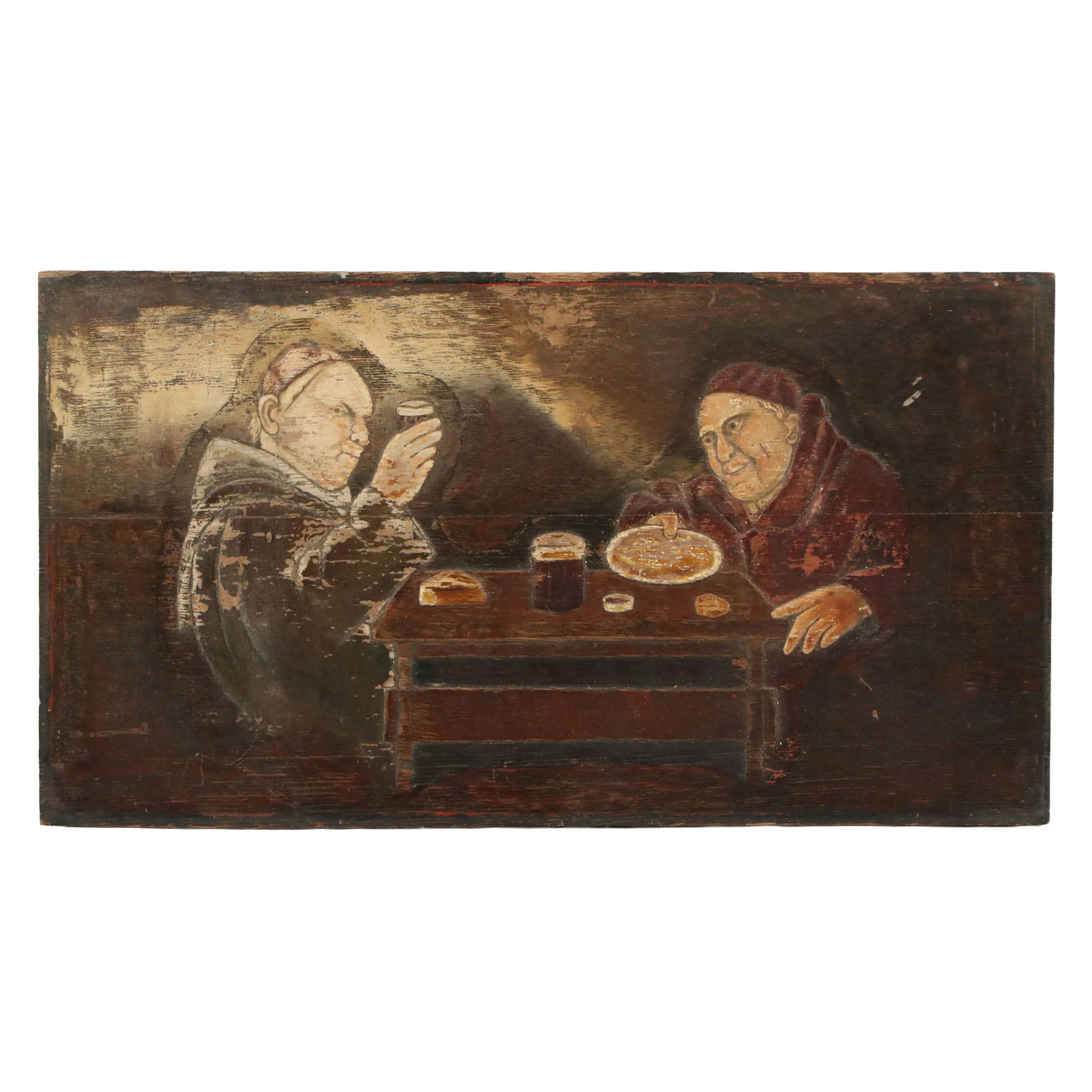 Painted Wood Bas-Relief Carving of Stylized Monastic Genre Scene