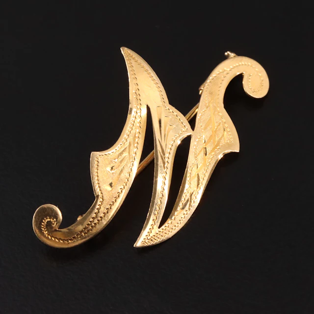 Vintage Italian 18K Engraved Letter "N" Brooch