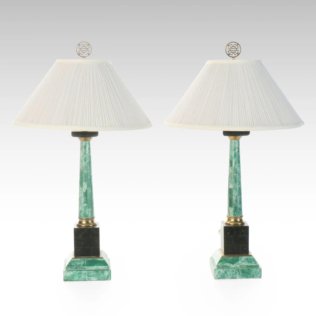 Pair of Empire Style Tessellated Stone Table Lamps with Shirred Shades
