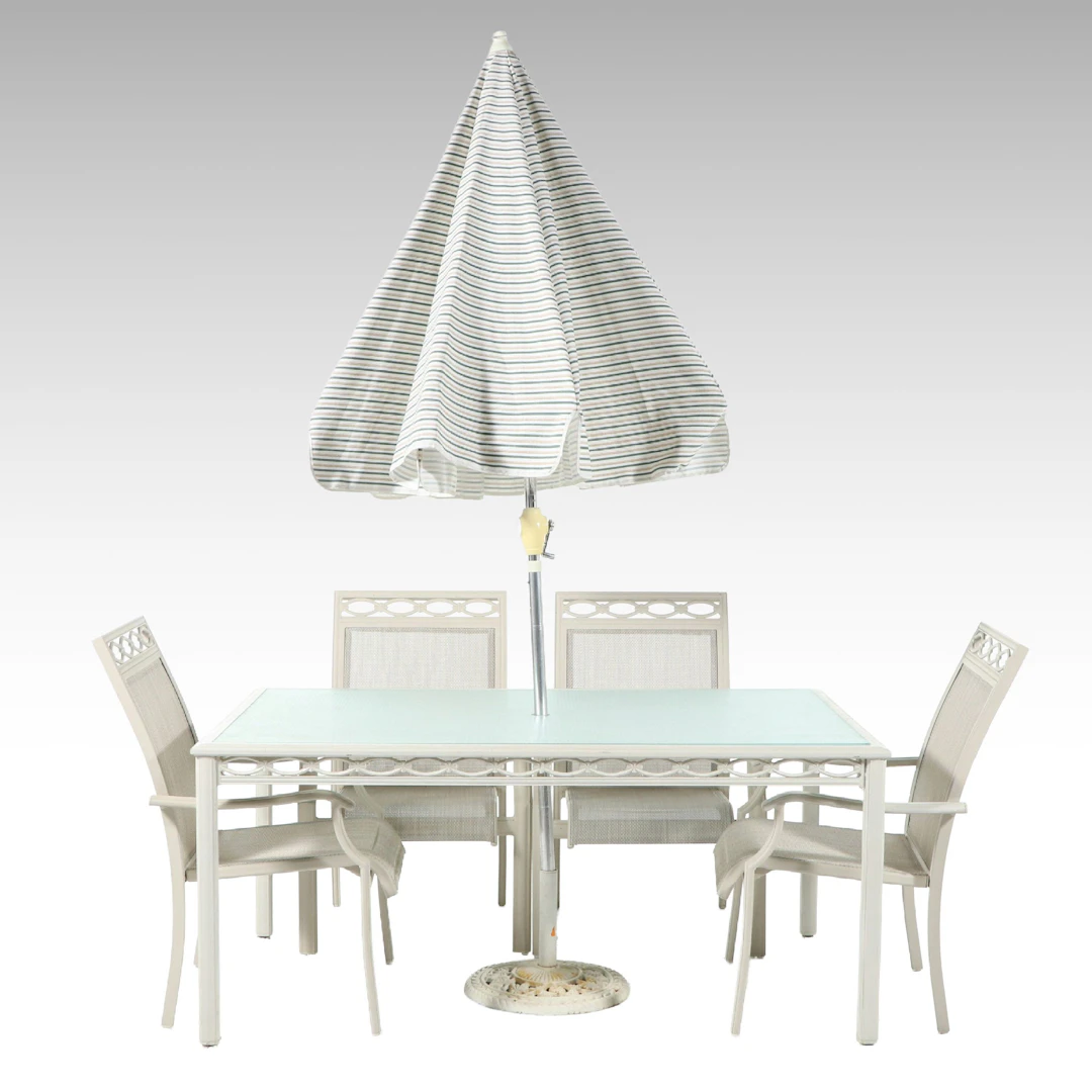 Cast Metal Five-Piece Patio Dining Set with Umbrella and Stand