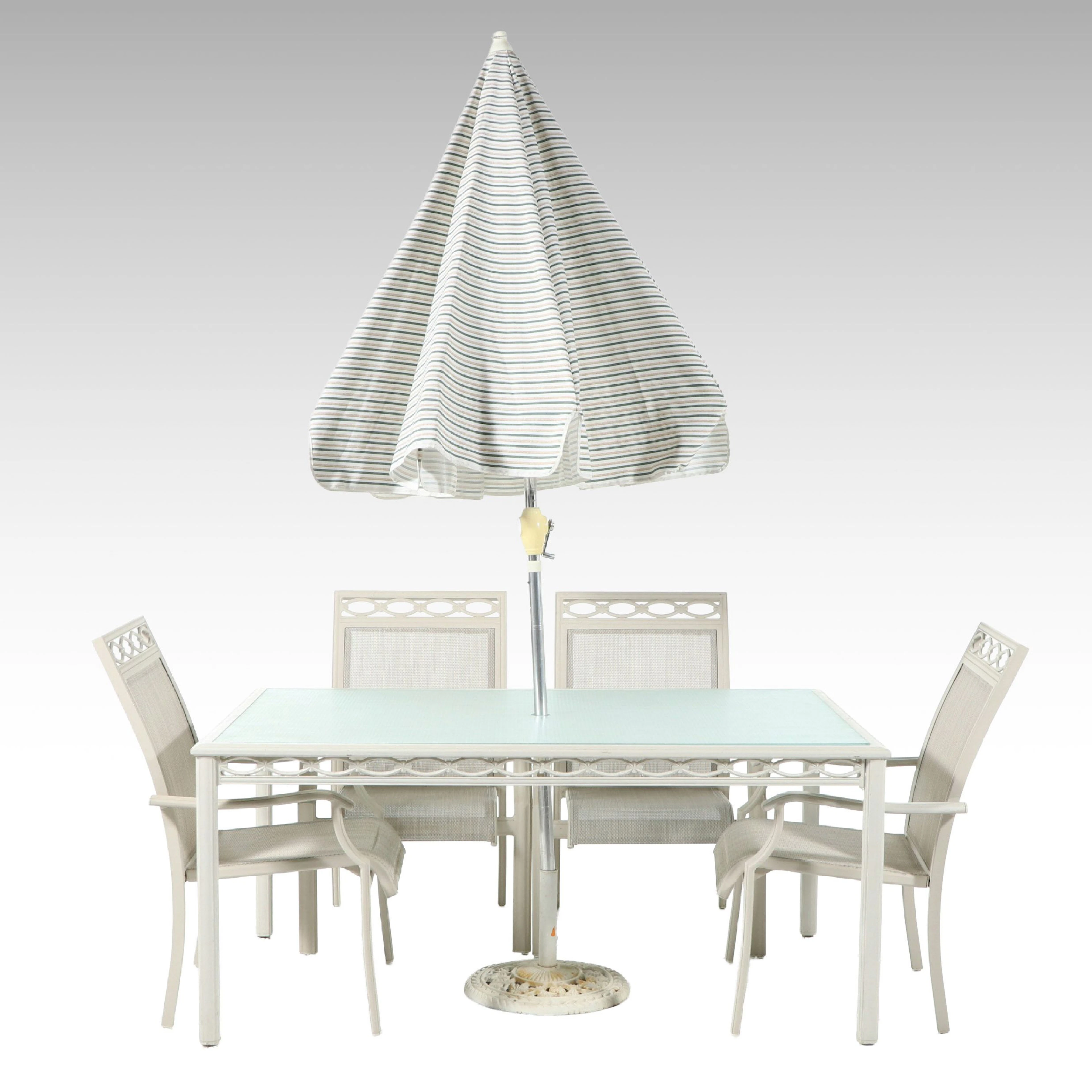 Cast Metal Five-Piece Patio Dining Set with Umbrella and Stand
