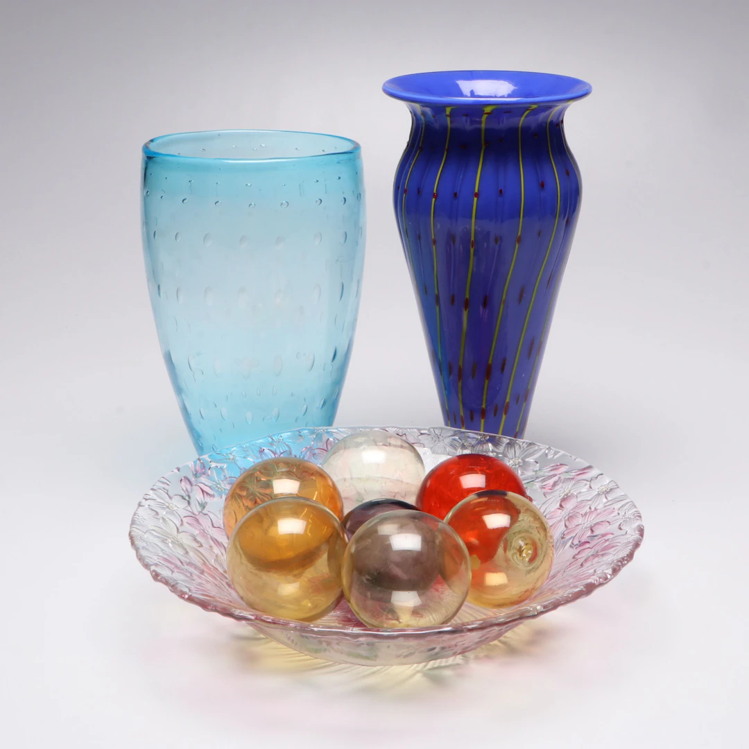 Murano Style Blue Art Glass Vases with Orbs and Bowl