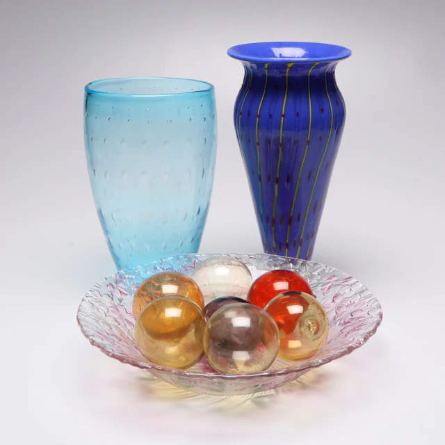Murano Style Blue Art Glass Vases with Orbs and Bowl
