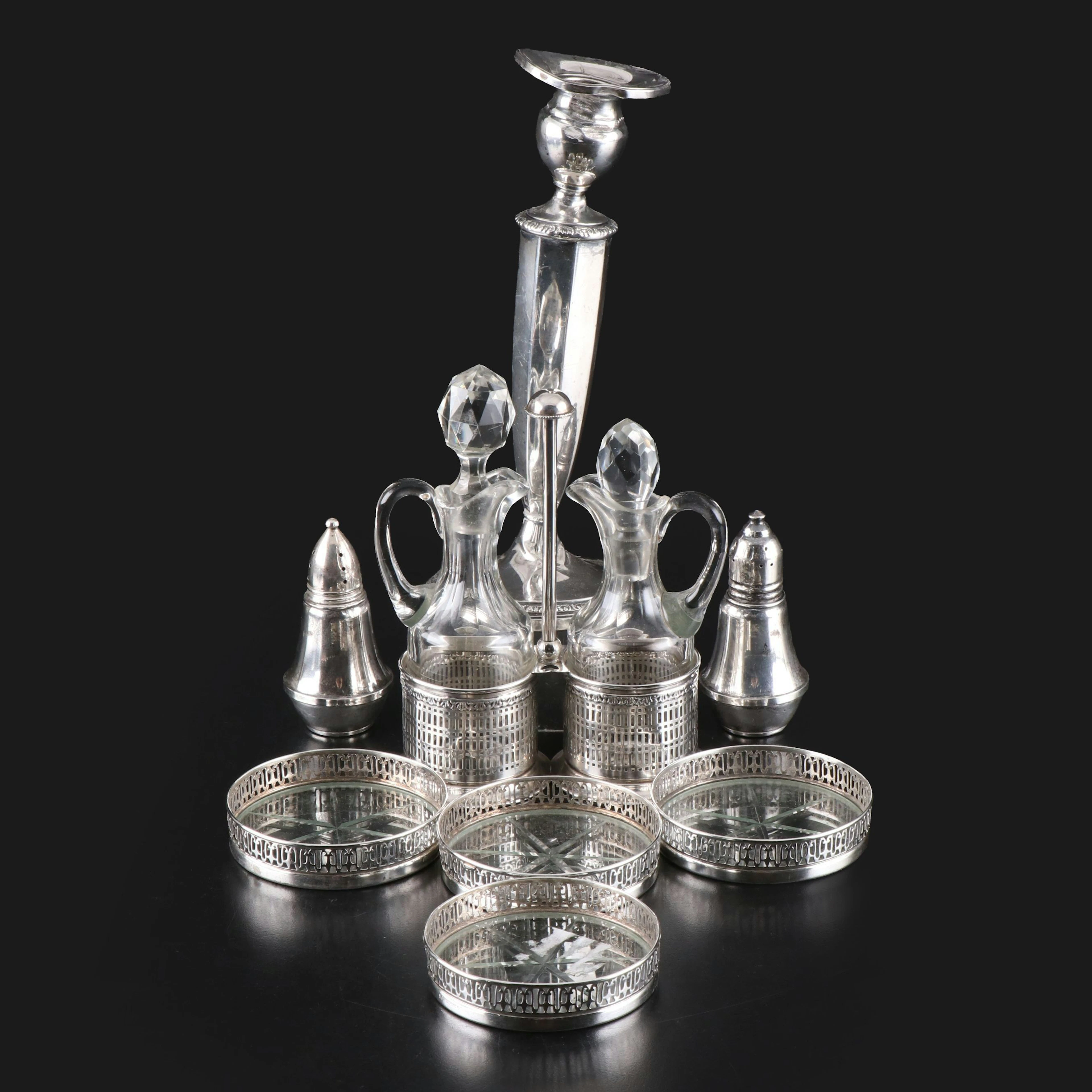 Webster Sterling Silver and Glass Cruet Set with More Sterling Table