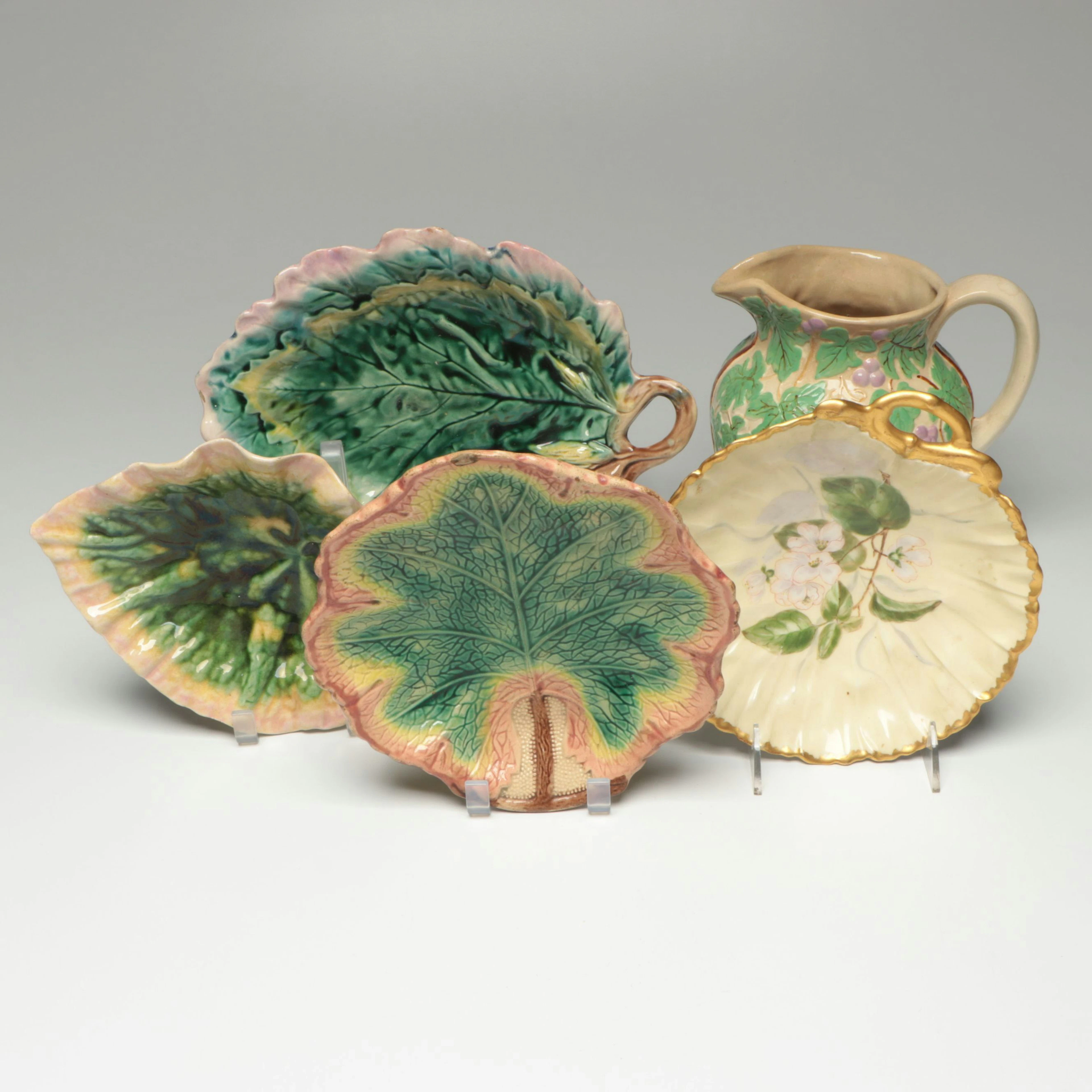 Griffen, Smith & Hill Majolica with Other Leaf Plate, Floral Bowl and Pitcher
