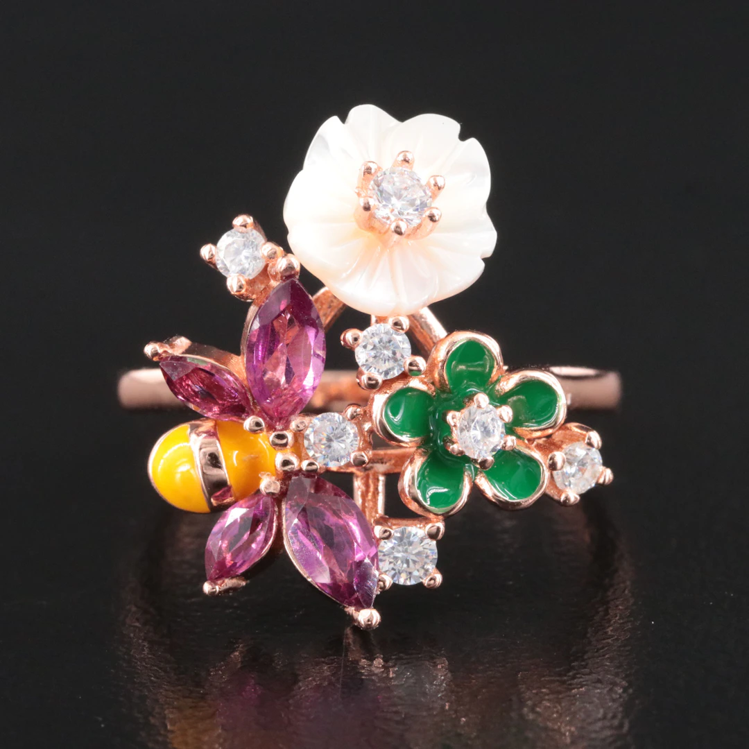 Sterling Flower and Bee Ring with CZ, Garnet and Mother-of-Pearl