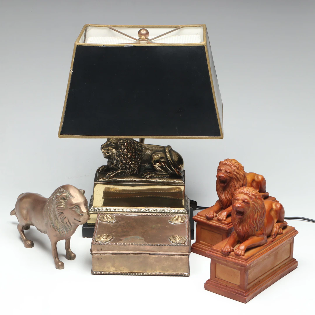 Neoclassical Style Lion of Lucerne Figural Table Lamp, Bookends and Other Décor