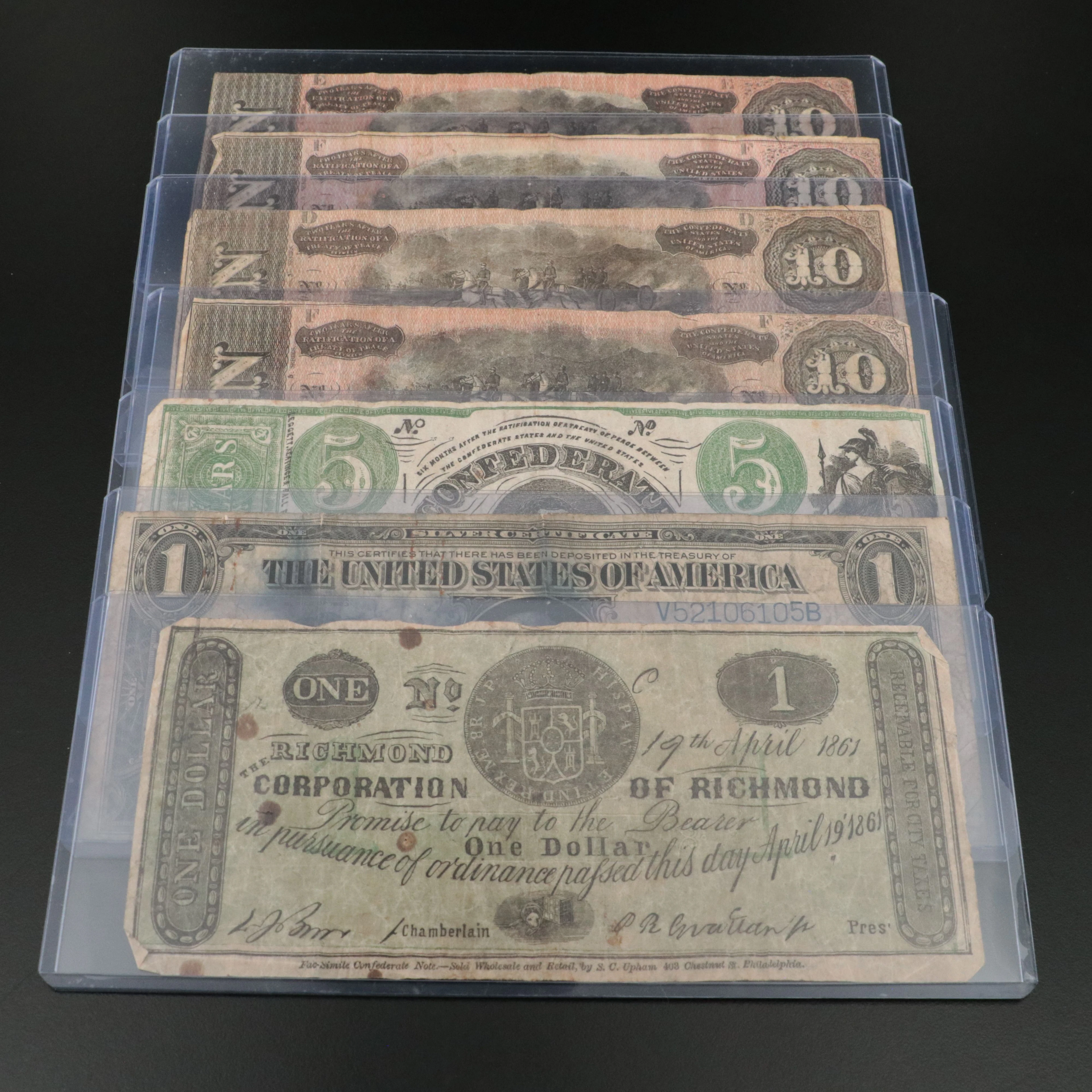 Confederate Currency, a Series 1923 $1 Silver Certificate, and Reproductions