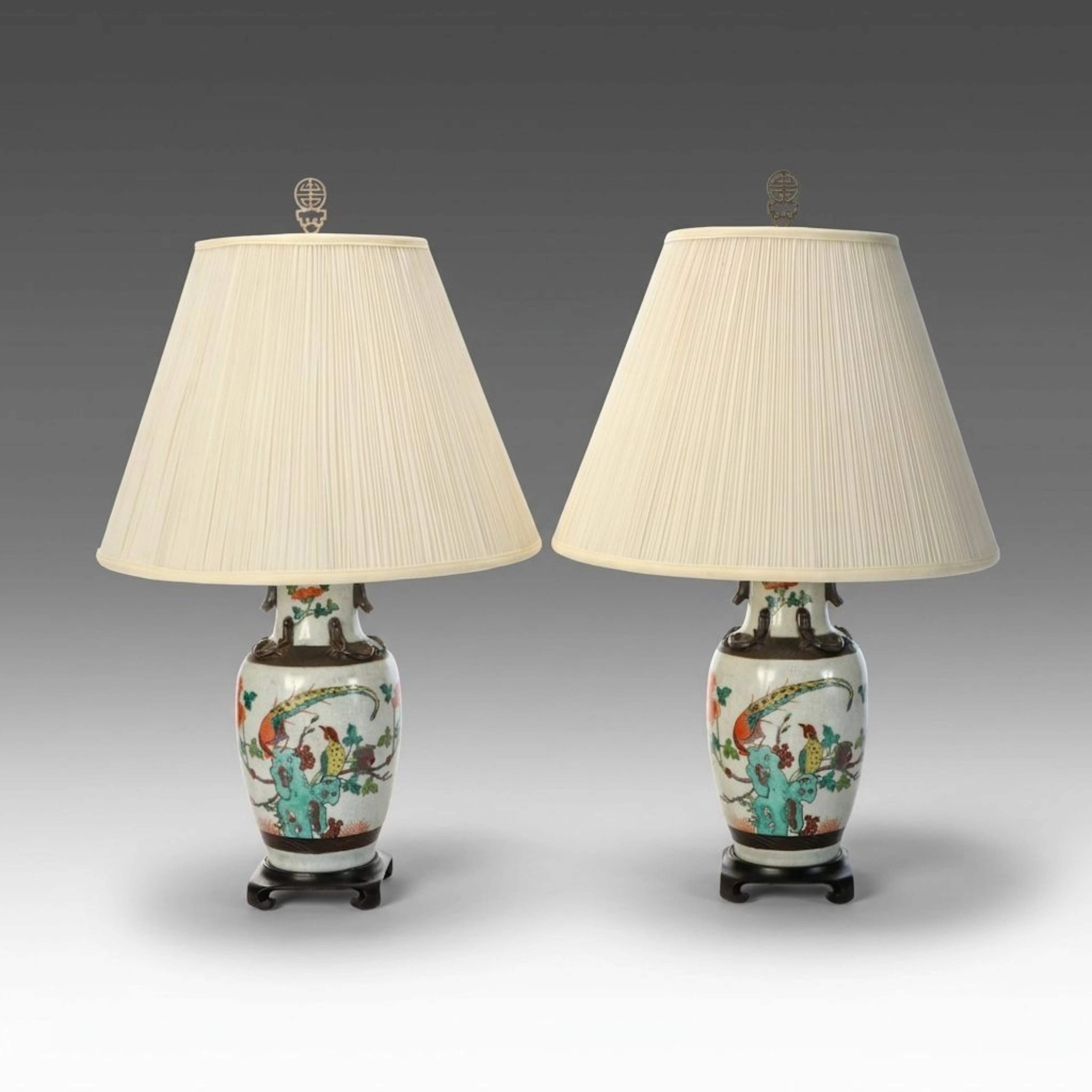 Chinese Style Peacock and Peony Motif Porcelain Table Lamps with Pleated Shades