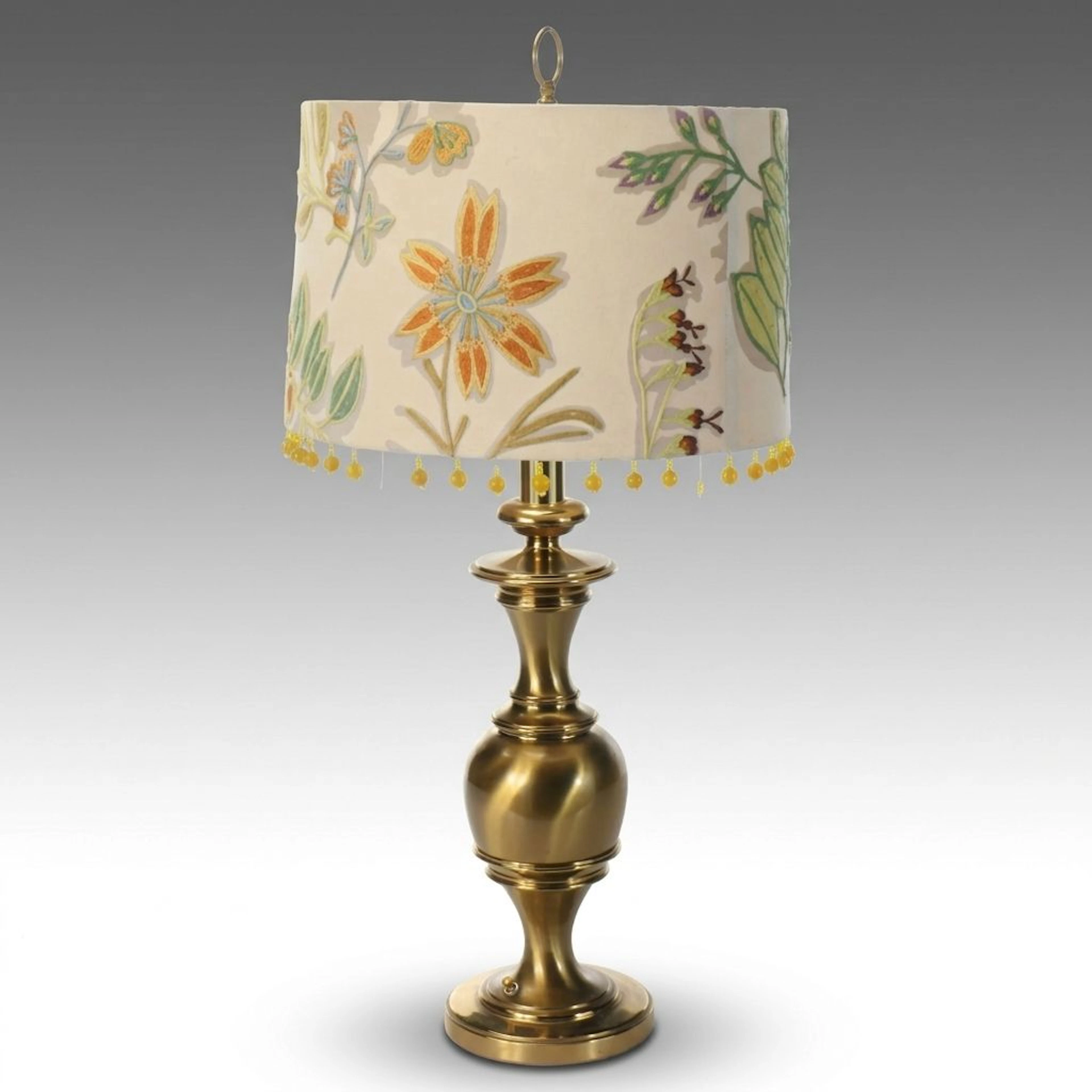 Classical Polished Brass Baluster Table Lamp with Crewel and Beaded