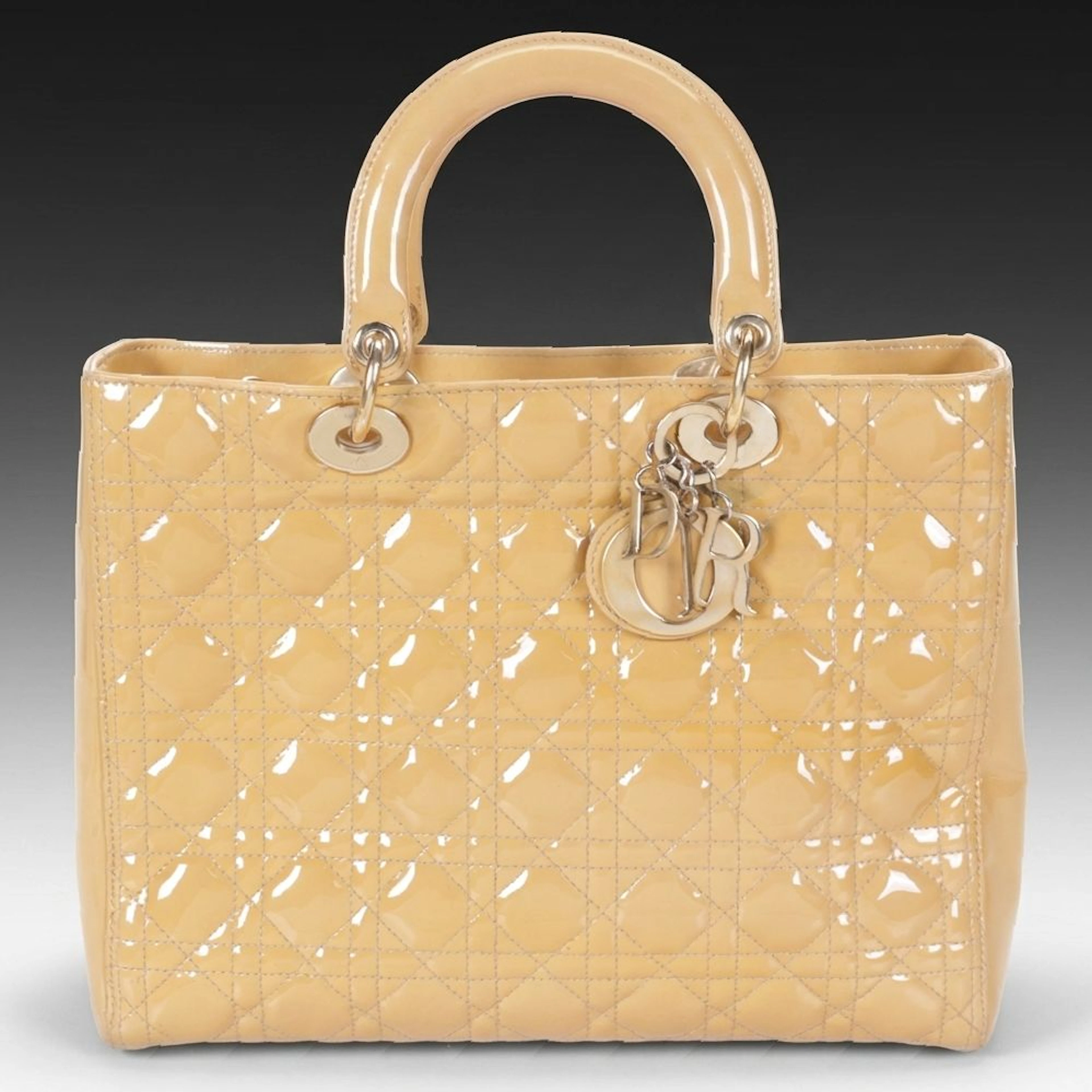 Christian Dior Small Lady Dior Handbag in Gold Cannage Quilted Patent Leather