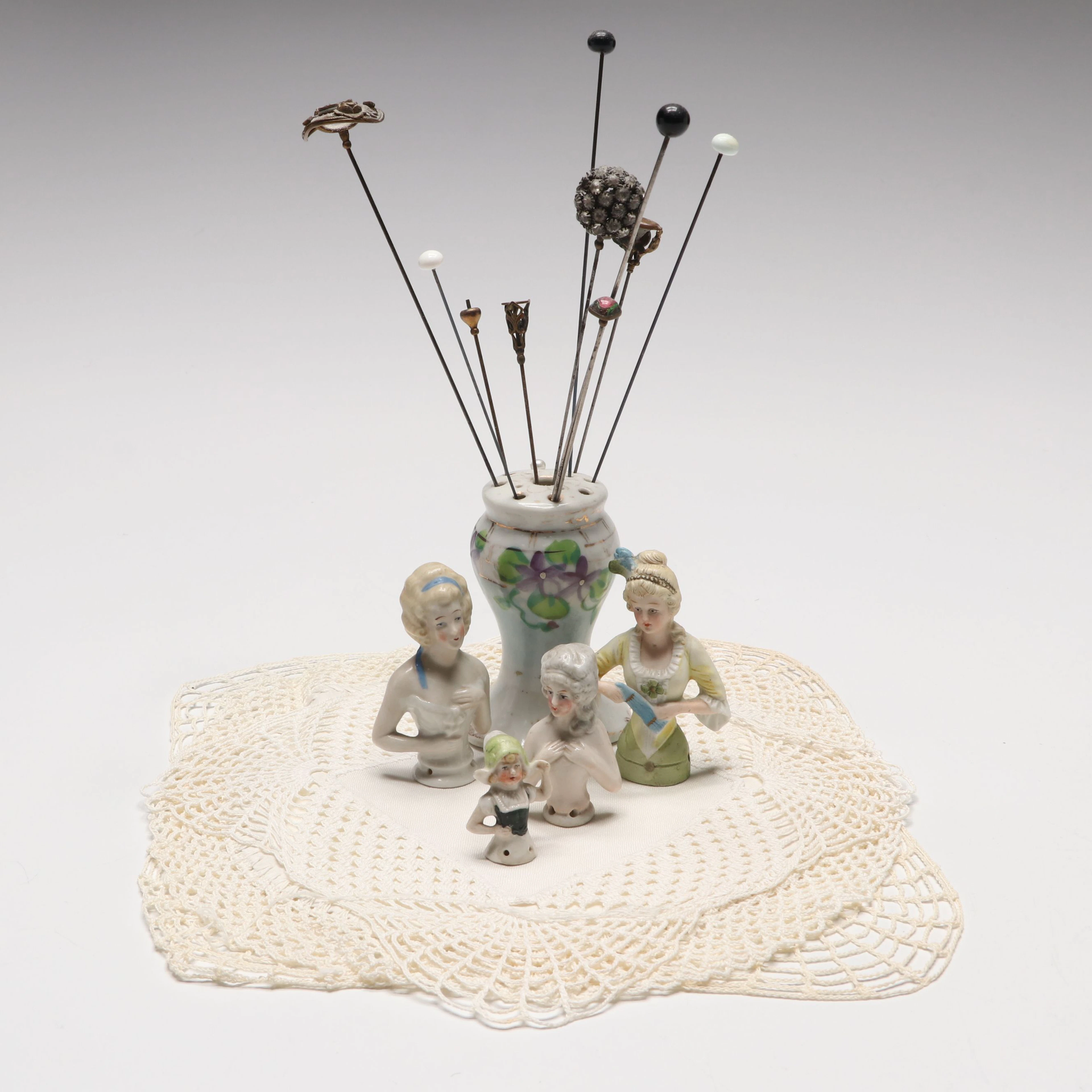 Victorian Floral Porcelain Hat Pin Holder with Hat Pins, Half Dolls and Doilies
