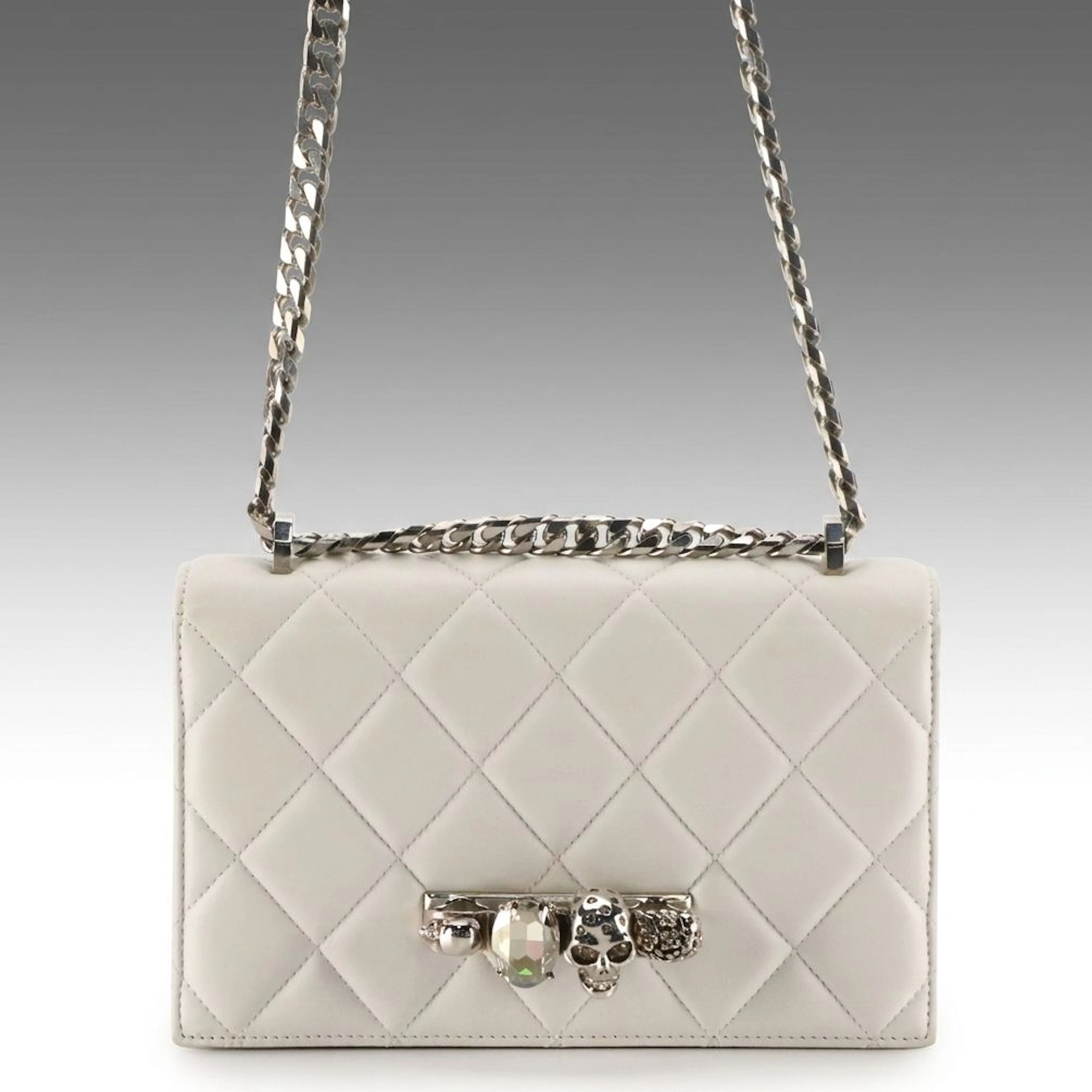 Alexander McQueen White Quilted Leather Crystal Skull Knuckle Flap Bag with Box