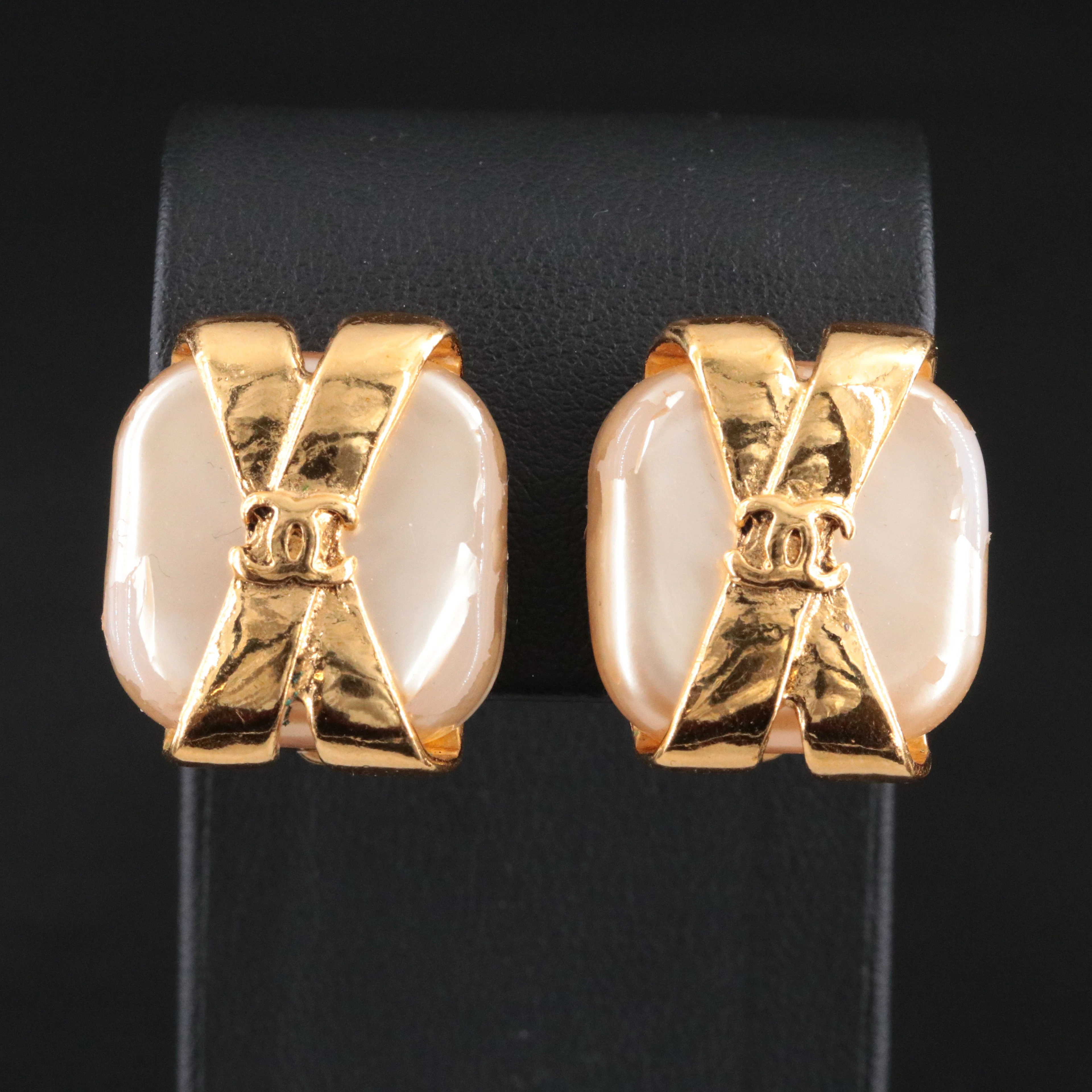 Chanel CC Glass Pearl Clip Earrings