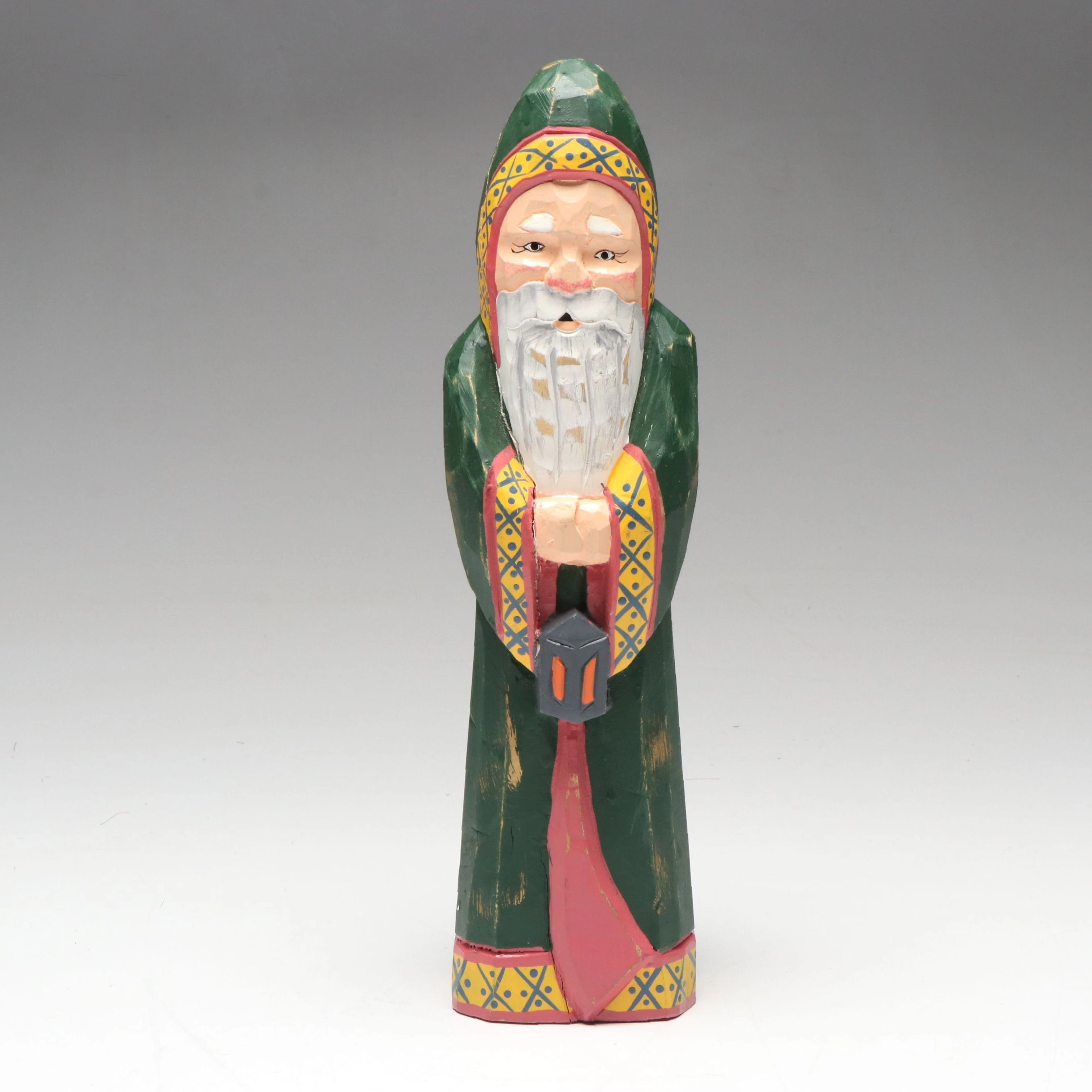 Folk Art Artist Signed Hand-Carved Wooden Father Christmas, 1998