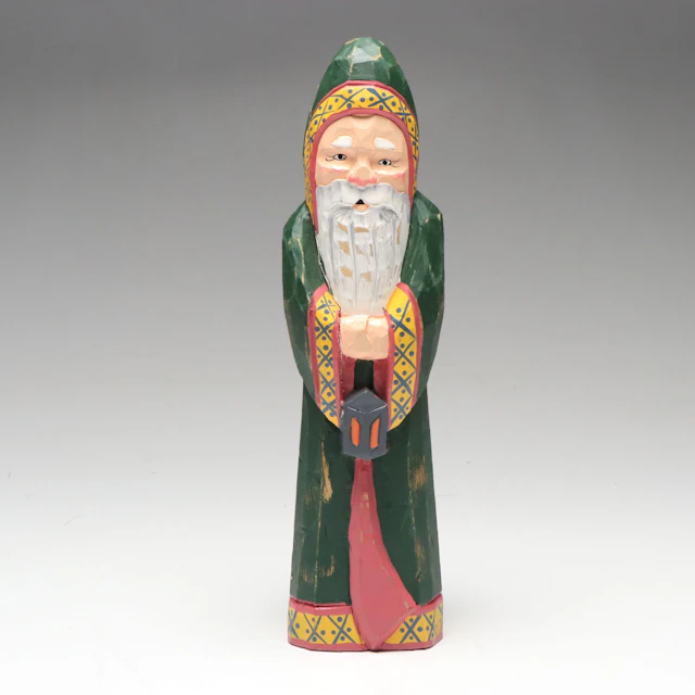 Folk Art Artist Signed Hand-Carved Wooden Father Christmas, 1998
