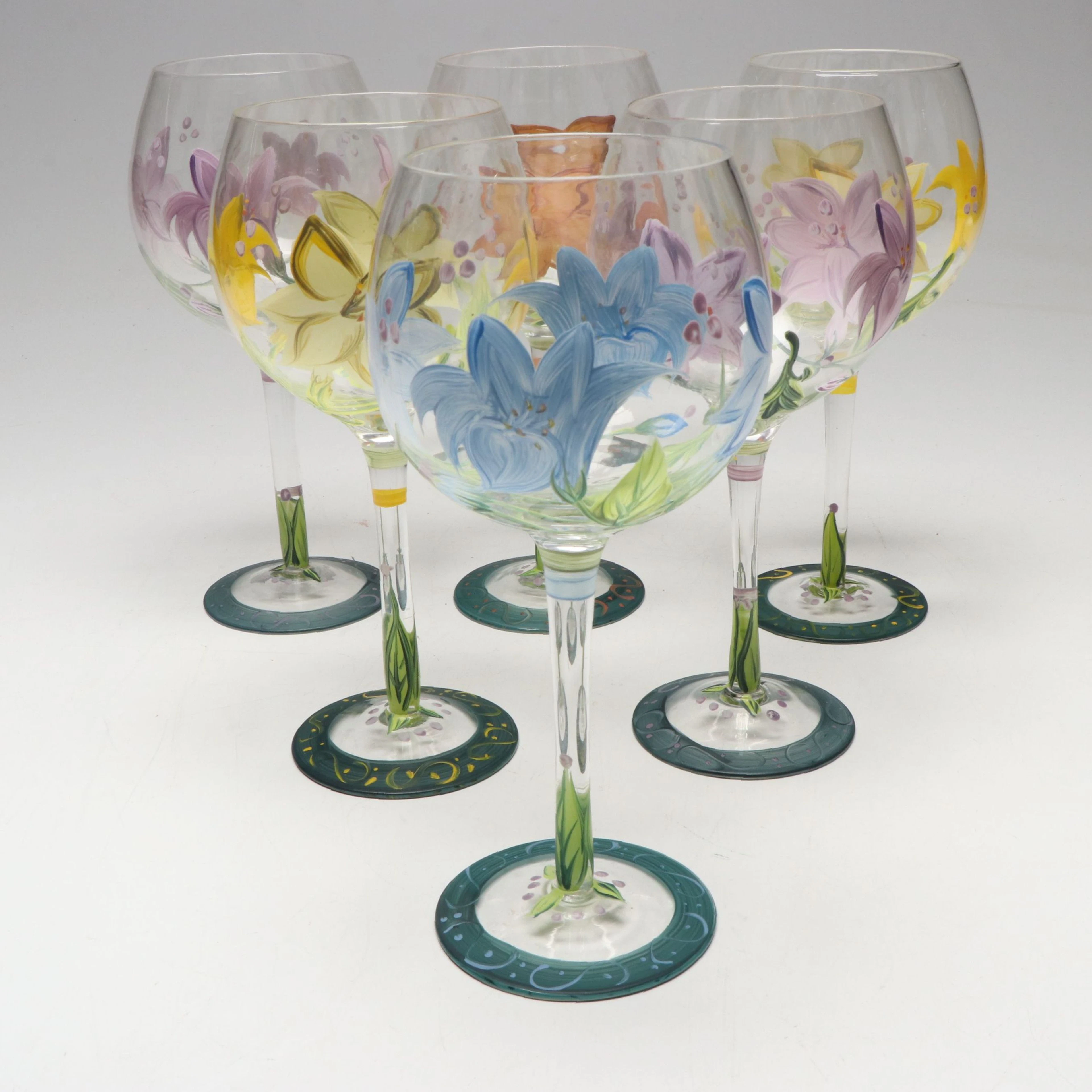 Hand-Painted Floral Balloon Glasses, 21st Century